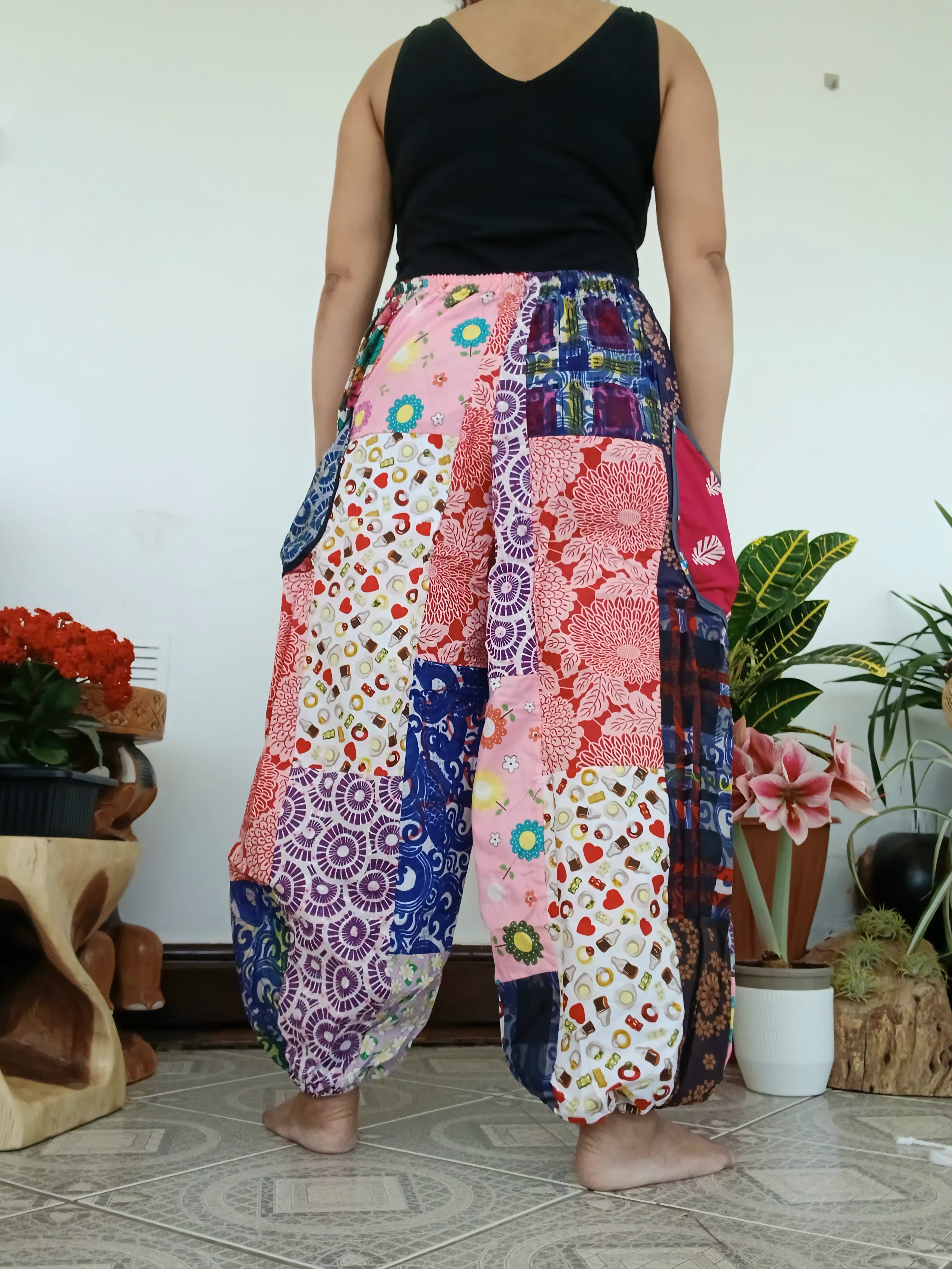 Multicoloured patchwork Boho baggy harem pants hippie baggy relaxed fit trousers one size fit 8-10-12