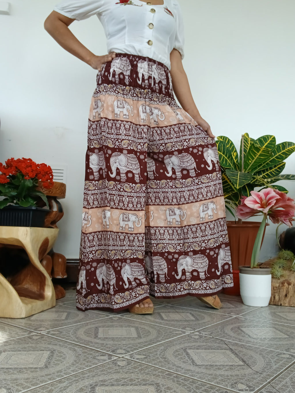 Brown elephant print wide leg elegant flowy high-waisted boho trousers Palazzo Harem Pants