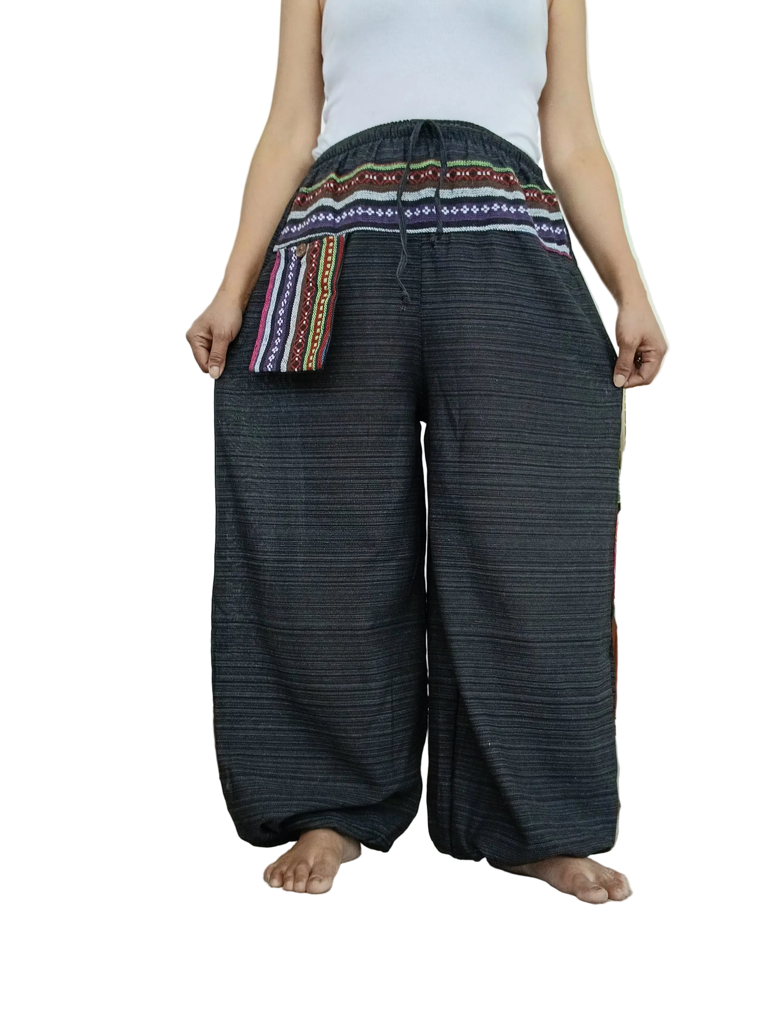 Cotton black Boho Harem Pants with Ethnic Pocket – Relaxed Fit,one size fit 8-10-12