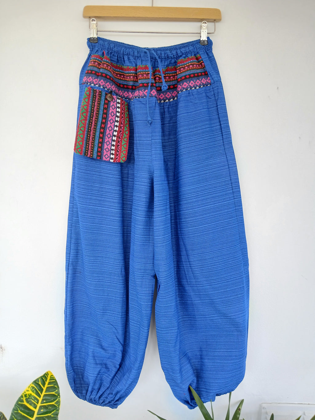 Cotton blue Boho hippie Harem Pants baggy relaxed fit trousers with Ethnic Pocket – Size S–L