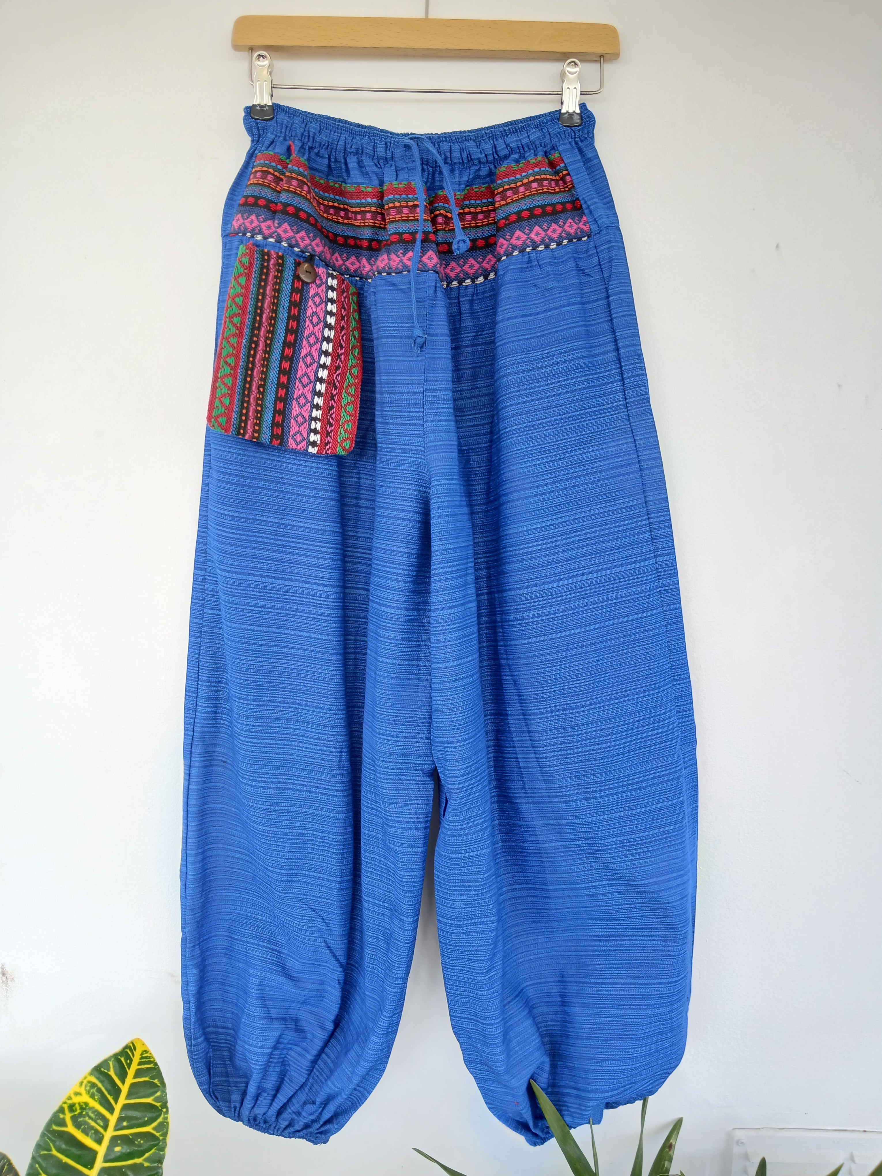 Cotton blue Boho hippie Harem Pants baggy relaxed fit trousers with Ethnic Pocket – Size S–L