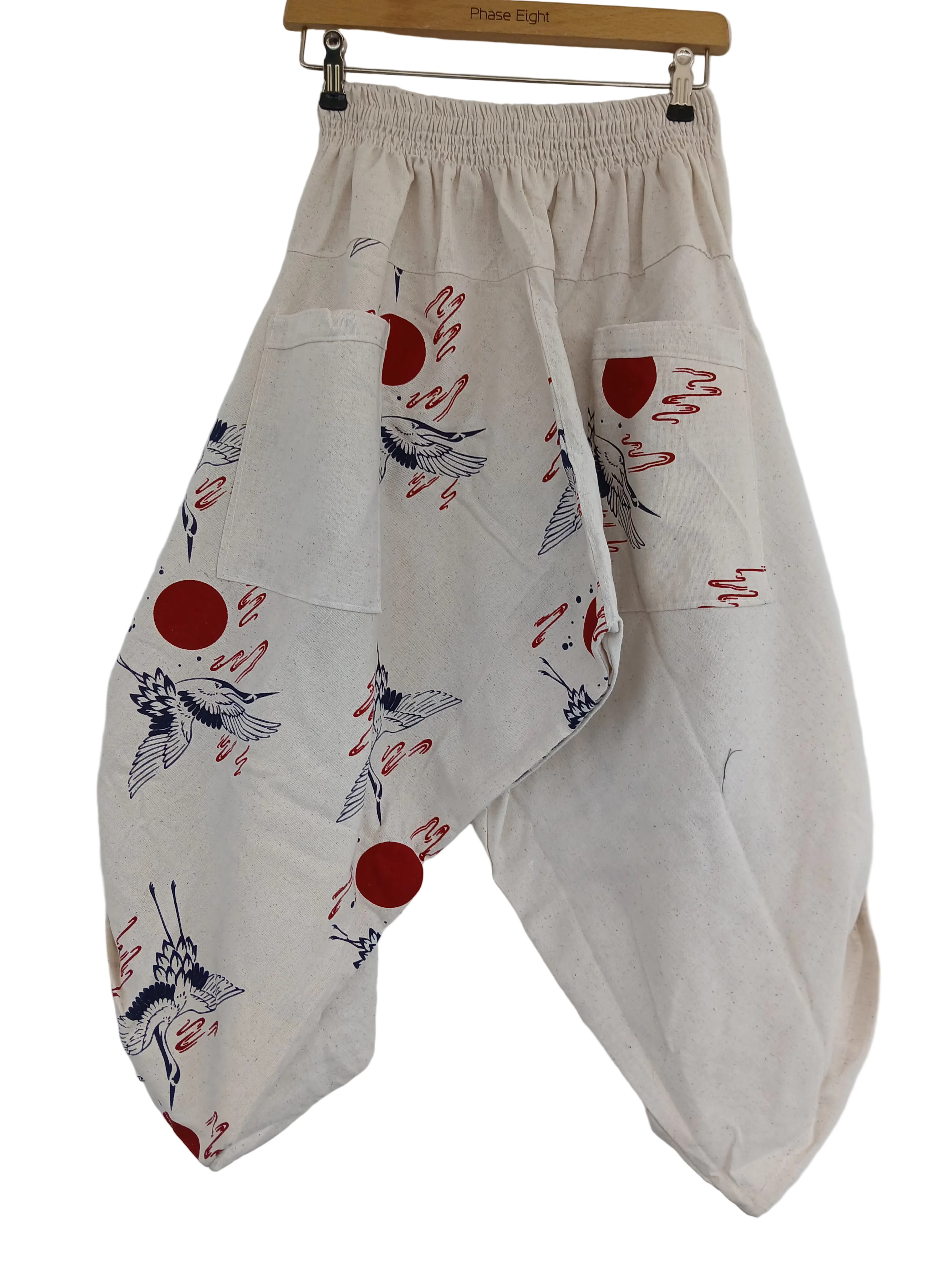 Cotton white Crane Japanese style boho harem pants wide leg hippie trousers one size fit 6-8-10