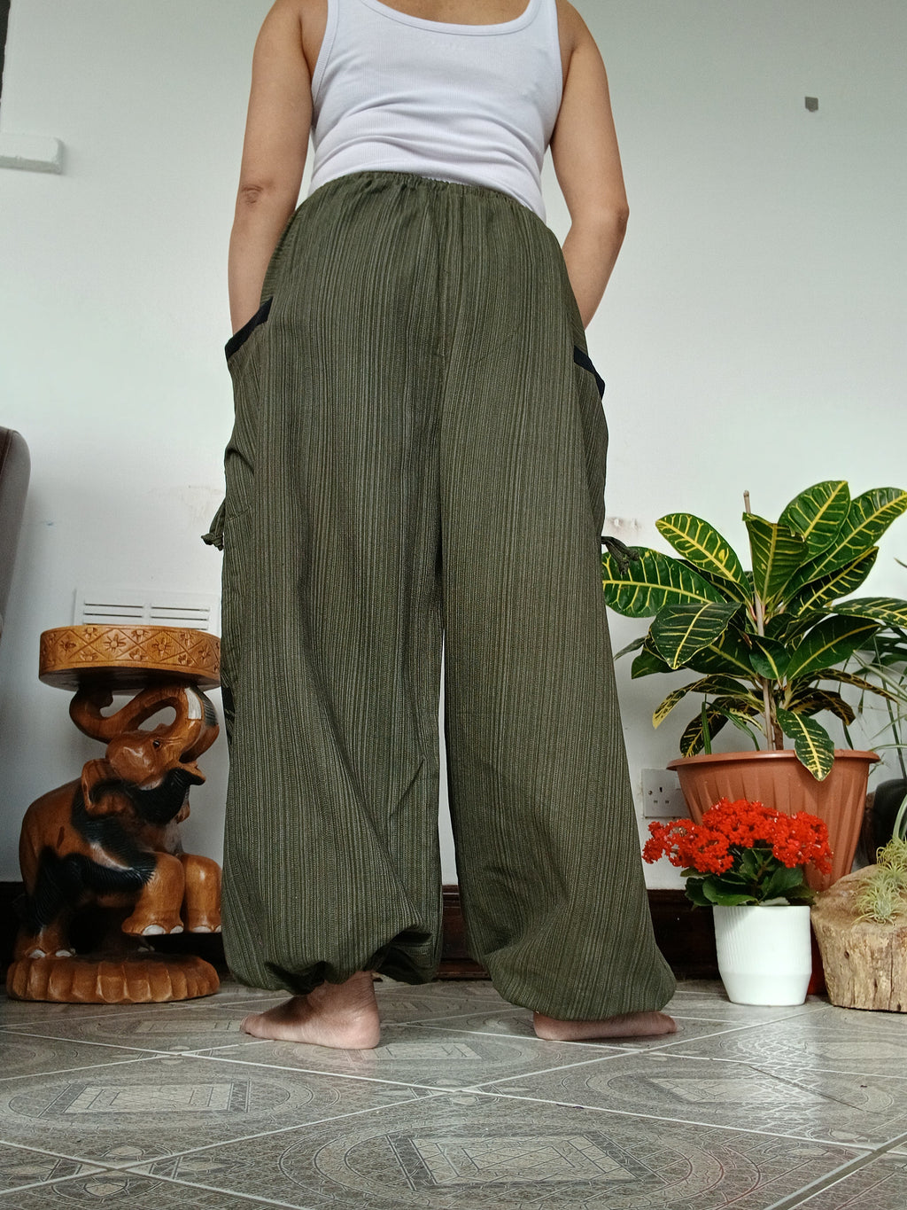 Cotton olive green Boho loose-fit harem pants baggy hippie poofy trousers joggers for unisex