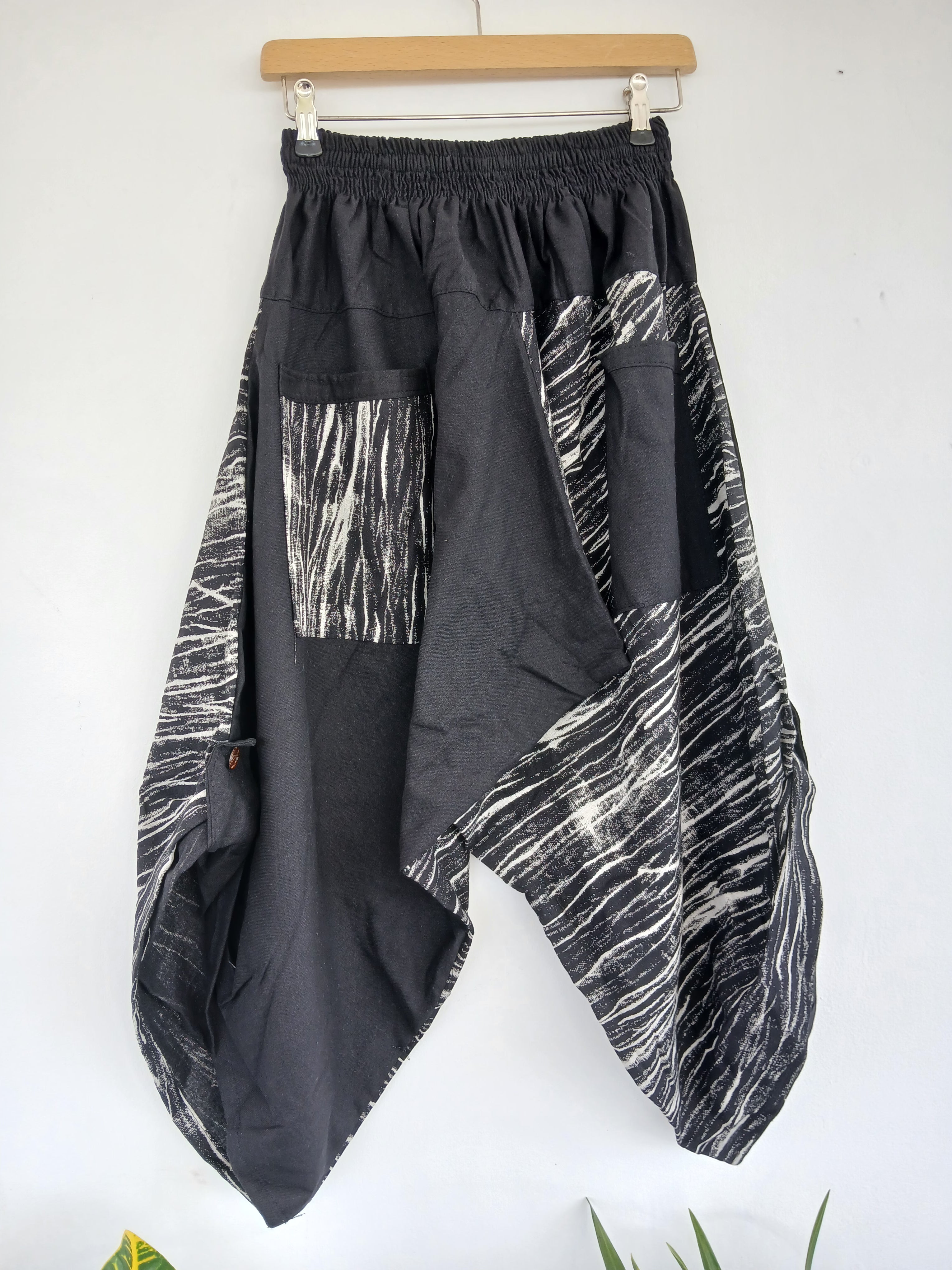 Black abstract print Ninja Samurai Style harem pants hippie Boho trousers one size fit 6-8-10