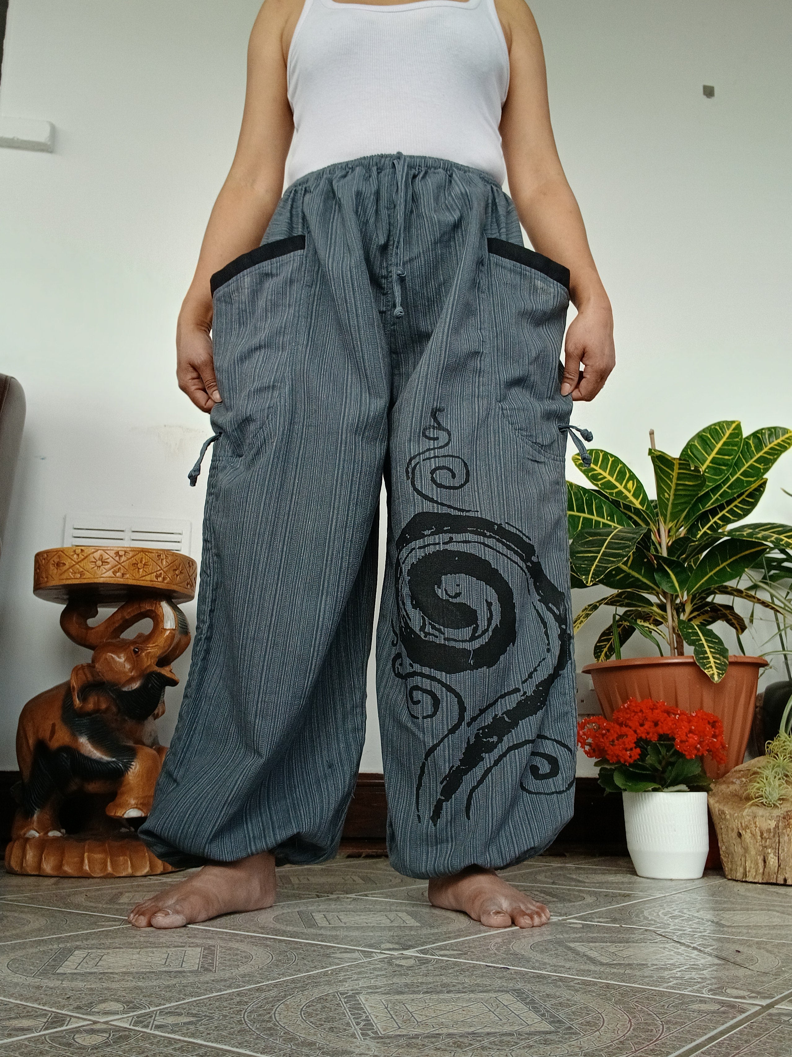 Grey cotton baggy poofy harem pants hippie Boho loose-fit trousers joggers