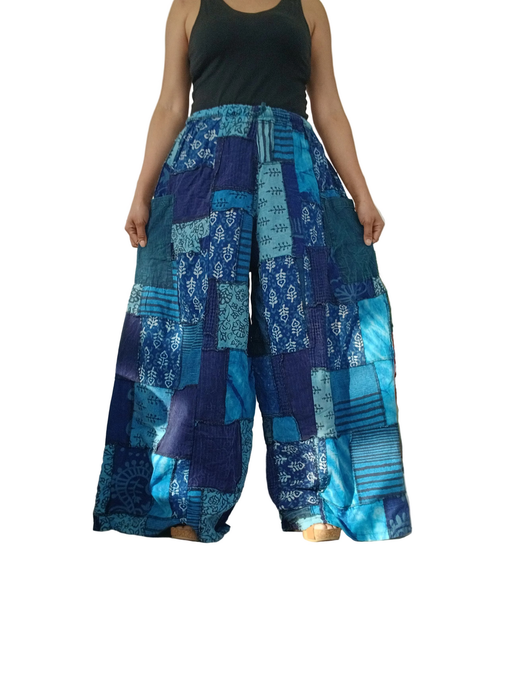 Handmade Blue Bohemian Random Floral Patchwork Hippie Harem Pants Trousers