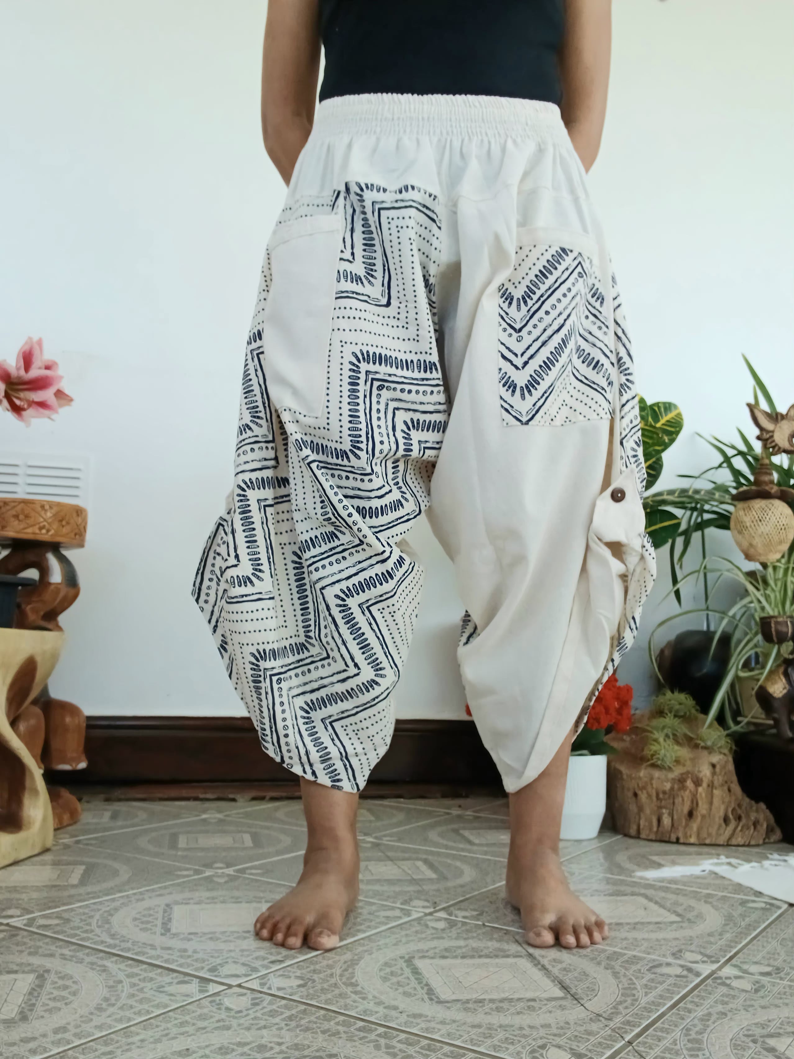 Cotton Cream baggy hippie Boho trousers Ninja Samurai Style harem pants One size fits S M L