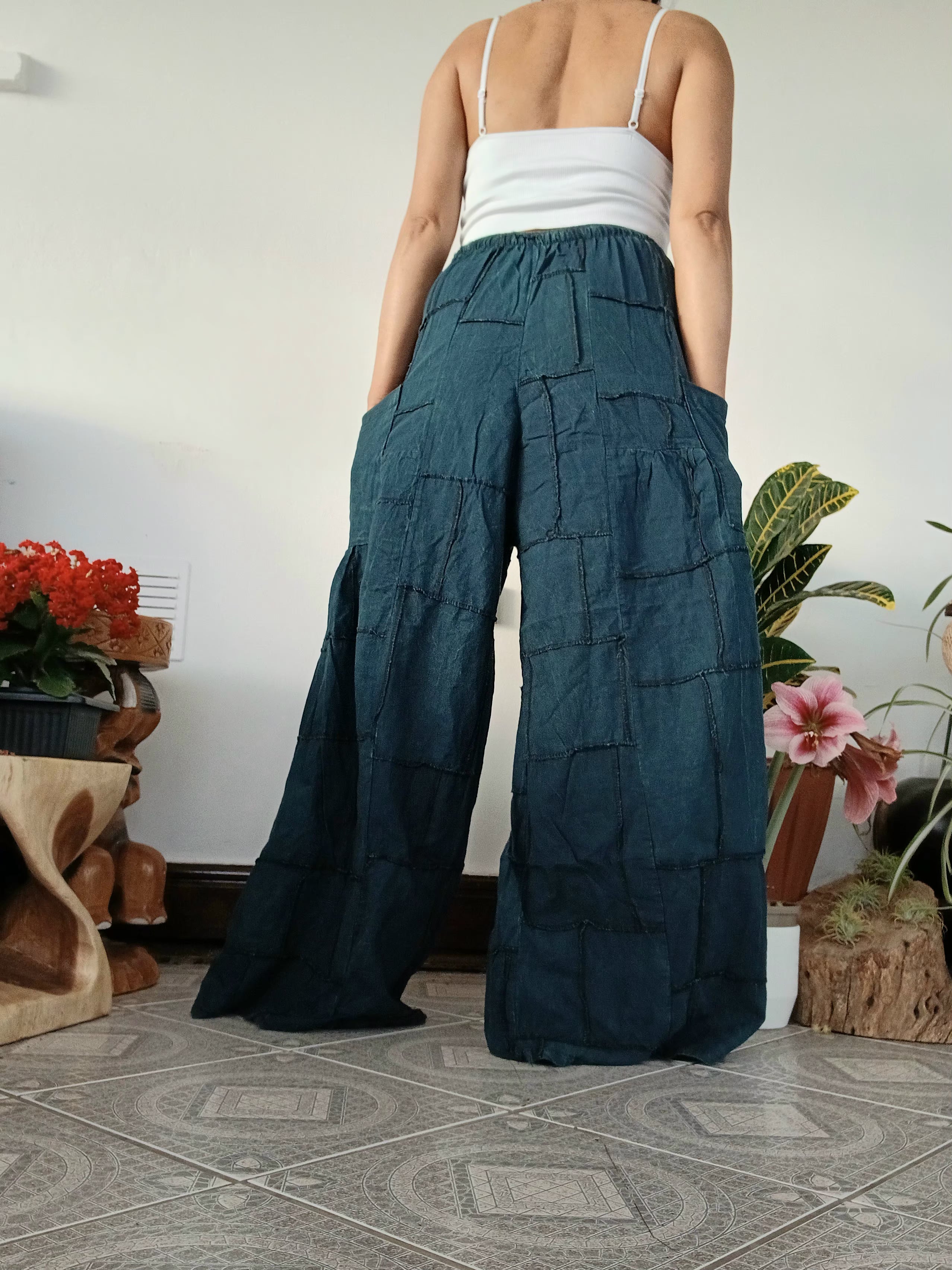 Cotton darkgreen turquoise patchwork Boho baggy harem pants wide leg palazzo flowy trousers for uk 8-10-12