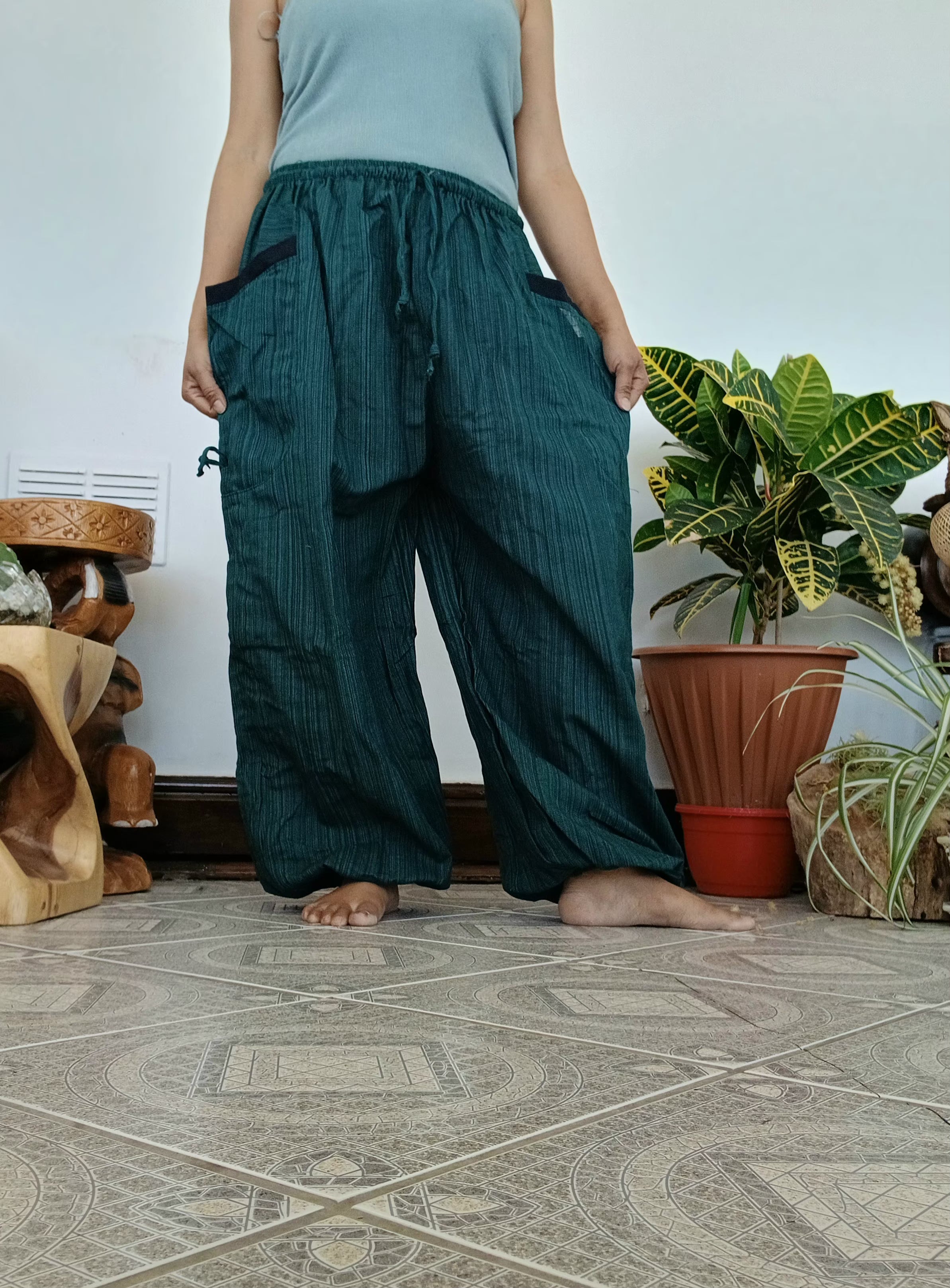 Cotton plain darkgreen baggy relaxed fit harem pants Boho with large side pockets One size fit 8-10-12