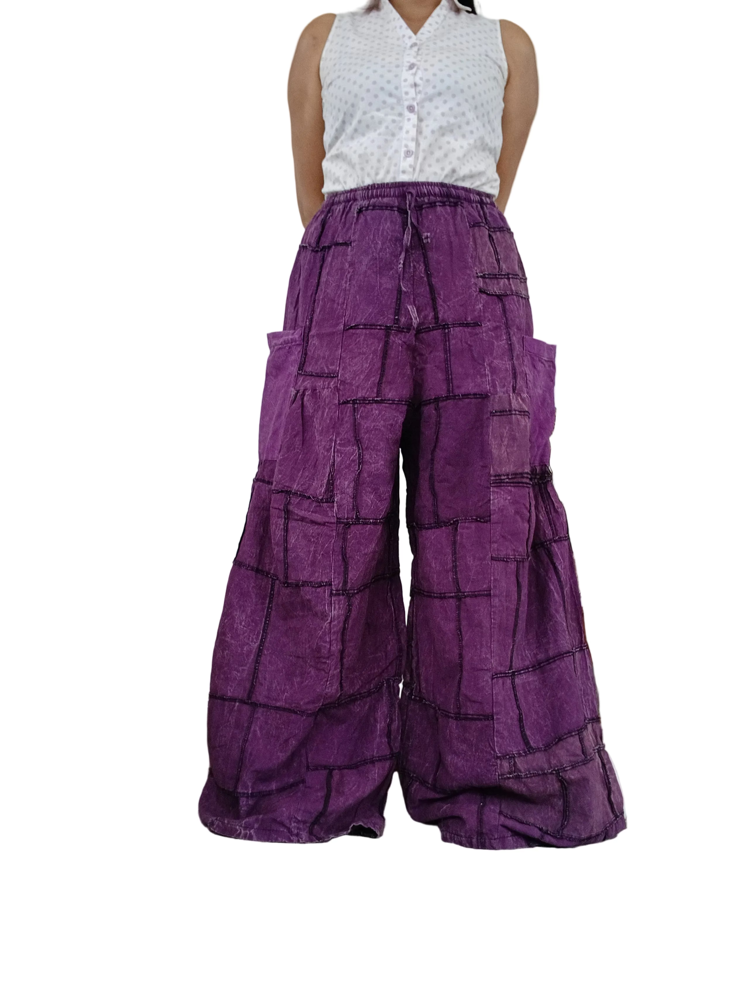 Cotton purple patchwork wide leg palazzo flowy trousers baggy hippie Boho pants One size fits 8-10-12