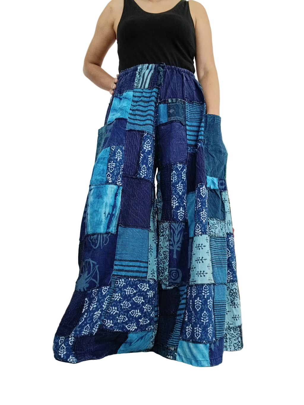 Blue patchwork wide leg Boho Palazzo Harem Pants baggy hippie trousers fit S M L