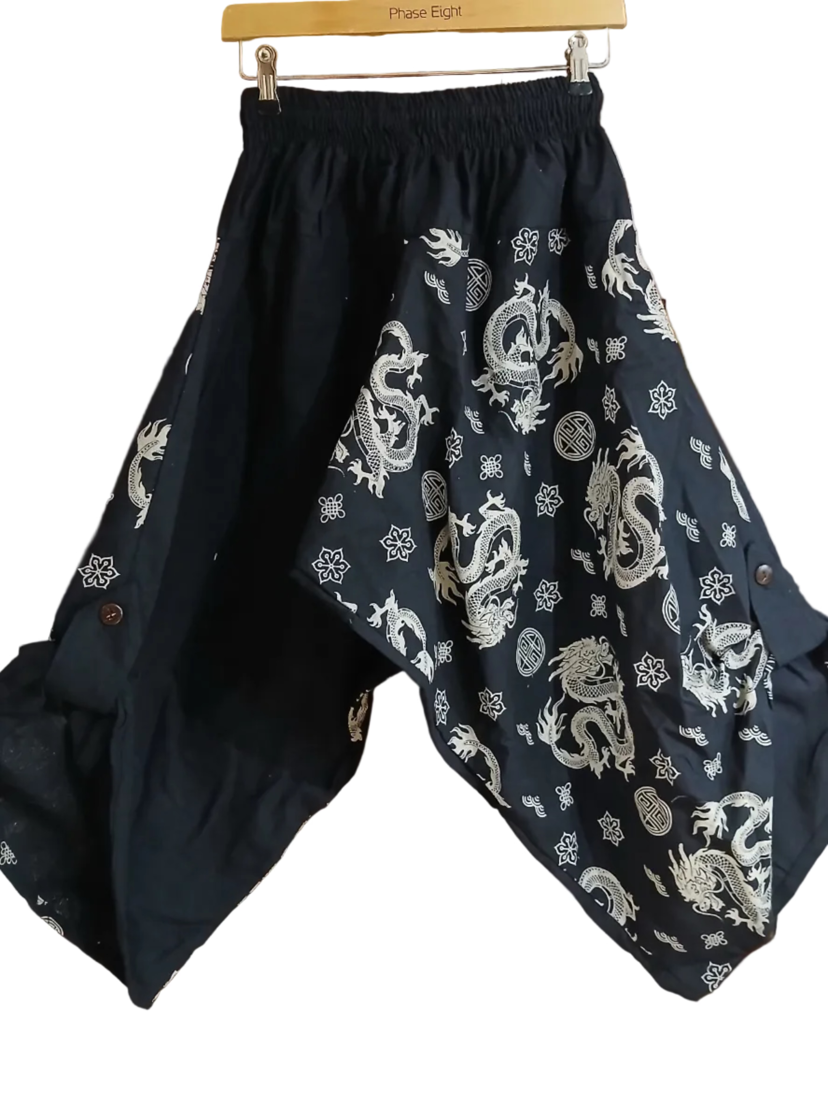 Black dragon print boho wide-leg culottes trousers relaxed fit yoga meditation pants One size fits 6-8-10
