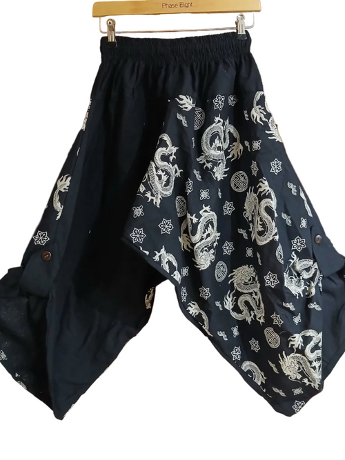 Black dragon print boho wide-leg culottes trousers relaxed fit yoga meditation pants One size fits 6-8-10
