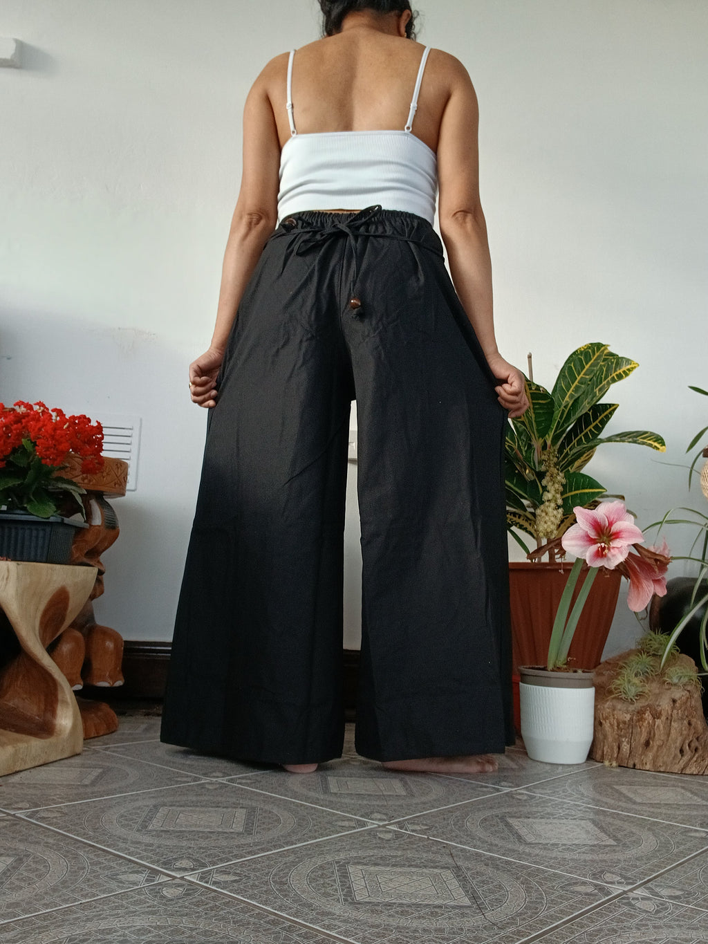 Black cotton baggy boho high-waisted trousers wide leg palazzo flowy harem pants One size fit 8-10-12