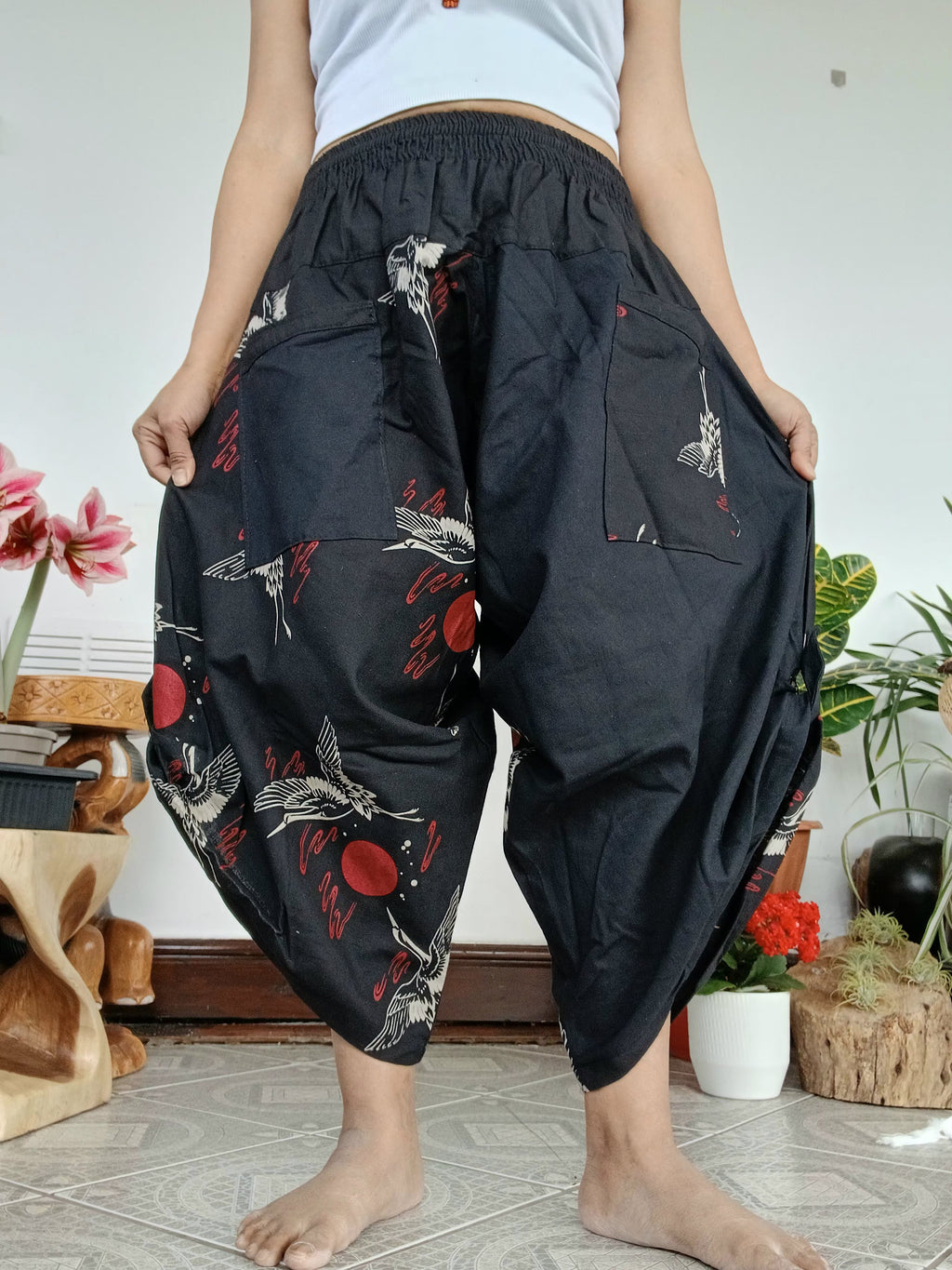 Black Crane Print Balloon boho hippie Trousers harem wide leg pants One size