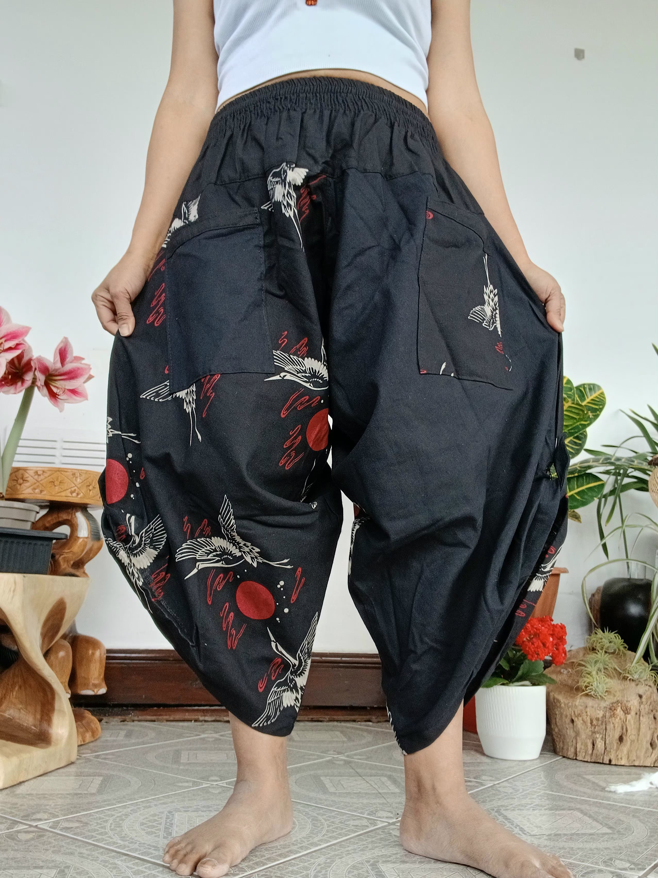 Black Crane Print Balloon boho hippie Trousers harem wide leg pants One size