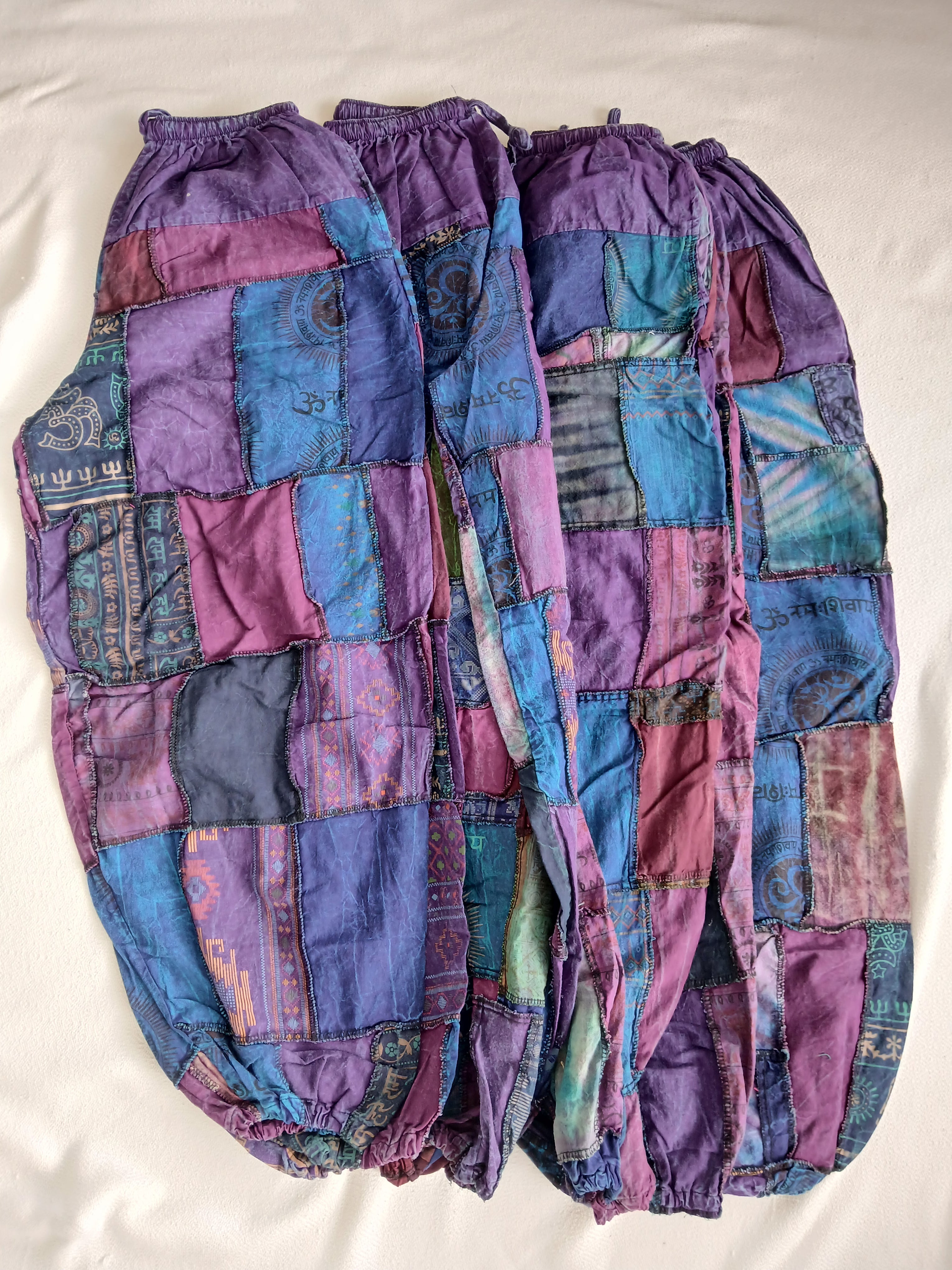 Stonewash patchwork purple tones Boho baggy loose-fit trousers joggers hippie Harem Pants unique one size
