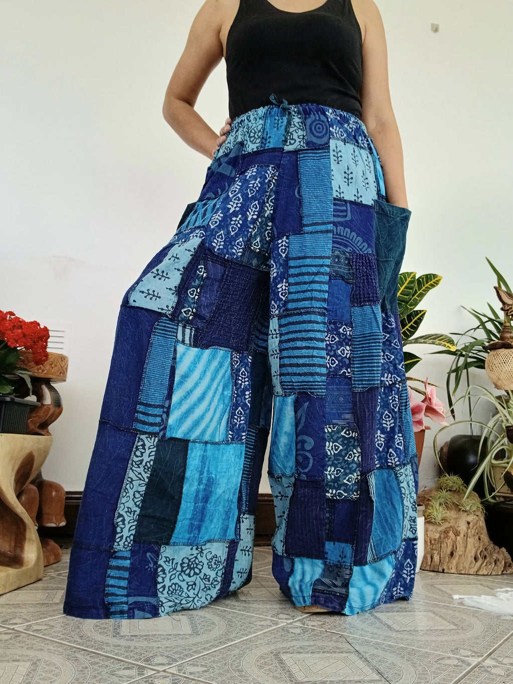 Blue patchwork wide leg Boho Palazzo Harem Pants baggy hippie trousers fit S M L