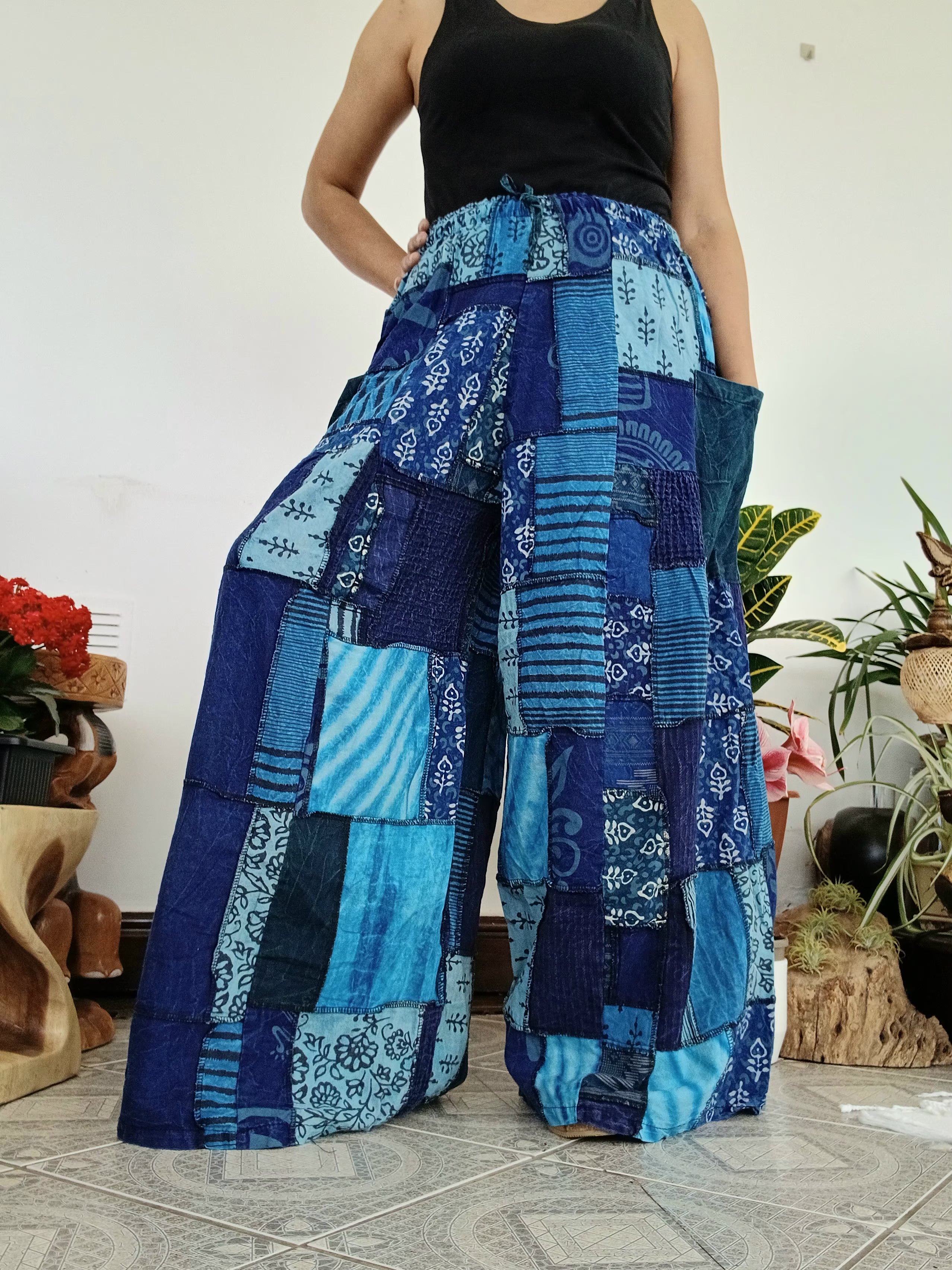 Blue patchwork wide leg Boho Palazzo Harem Pants baggy hippie trousers fit S M L