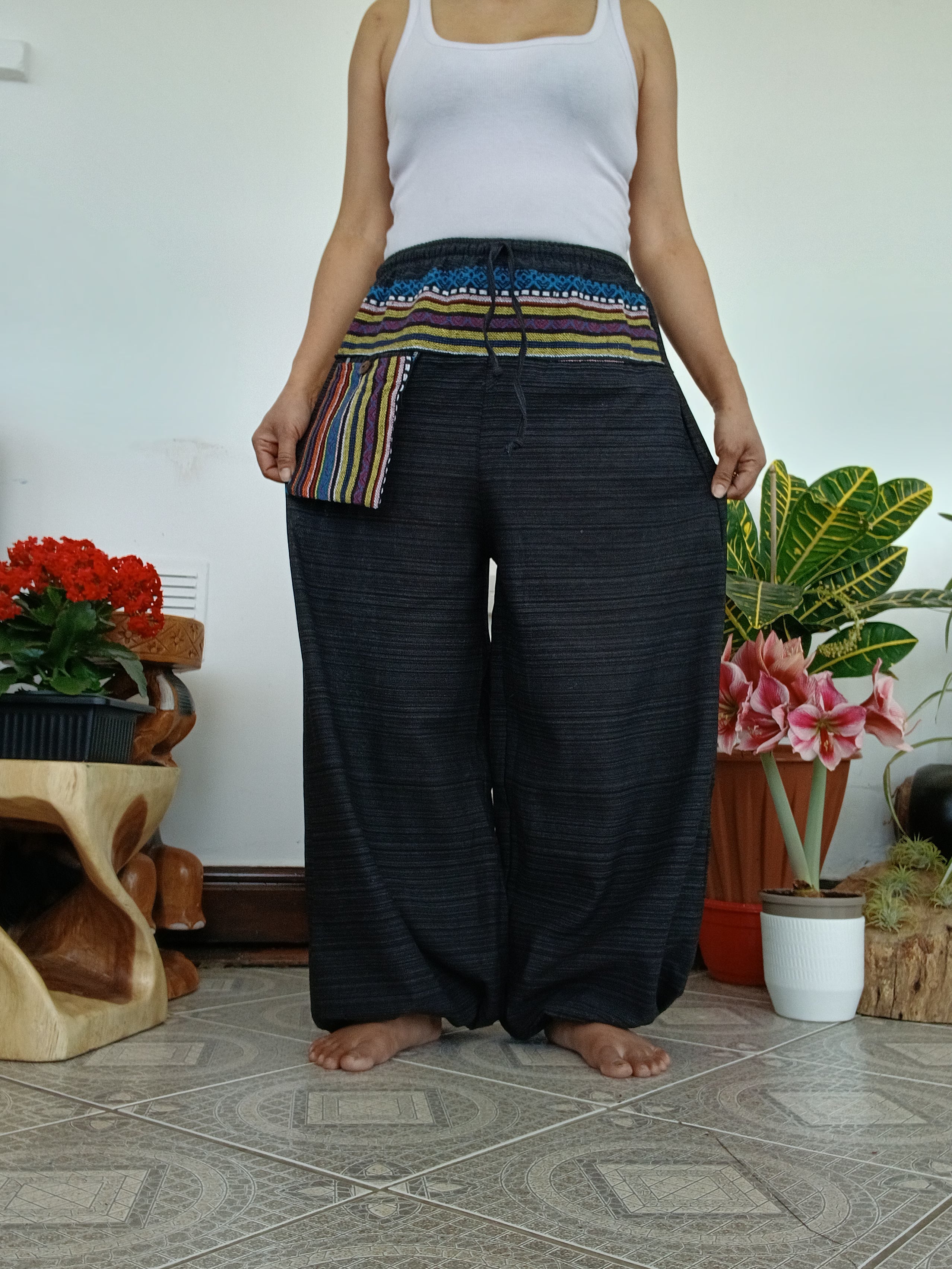 Cotton black Boho Harem Pants with Ethnic Pocket – Relaxed Fit,one size fit 8-10-12
