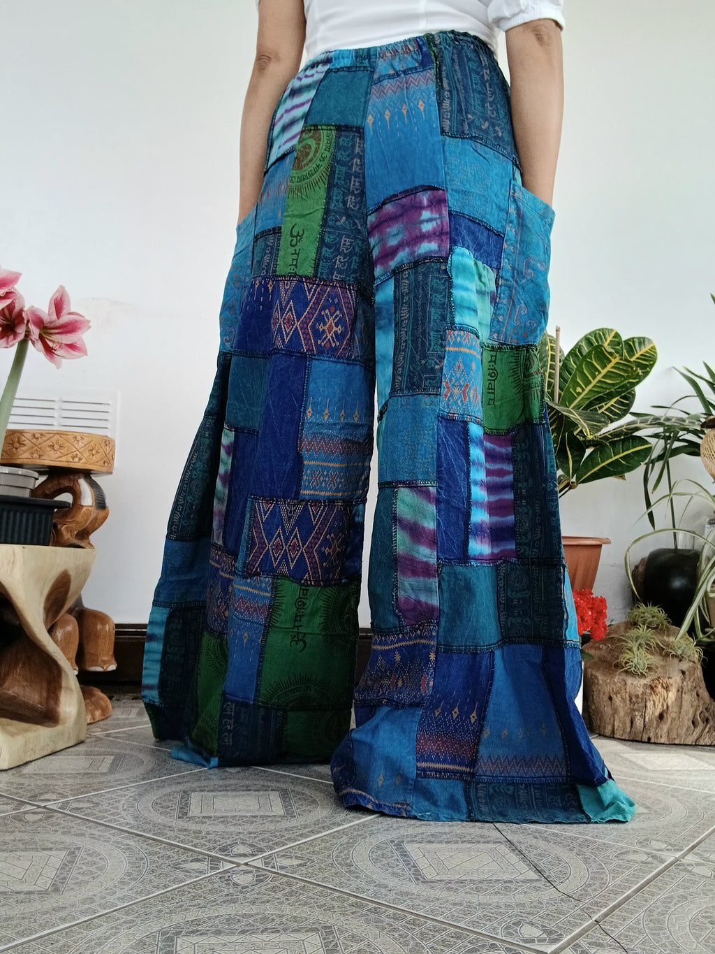 Blue Ocean tones patchwork Boho Wide-Leg hippie Harem Pants baggy Unique trousers for 8-12