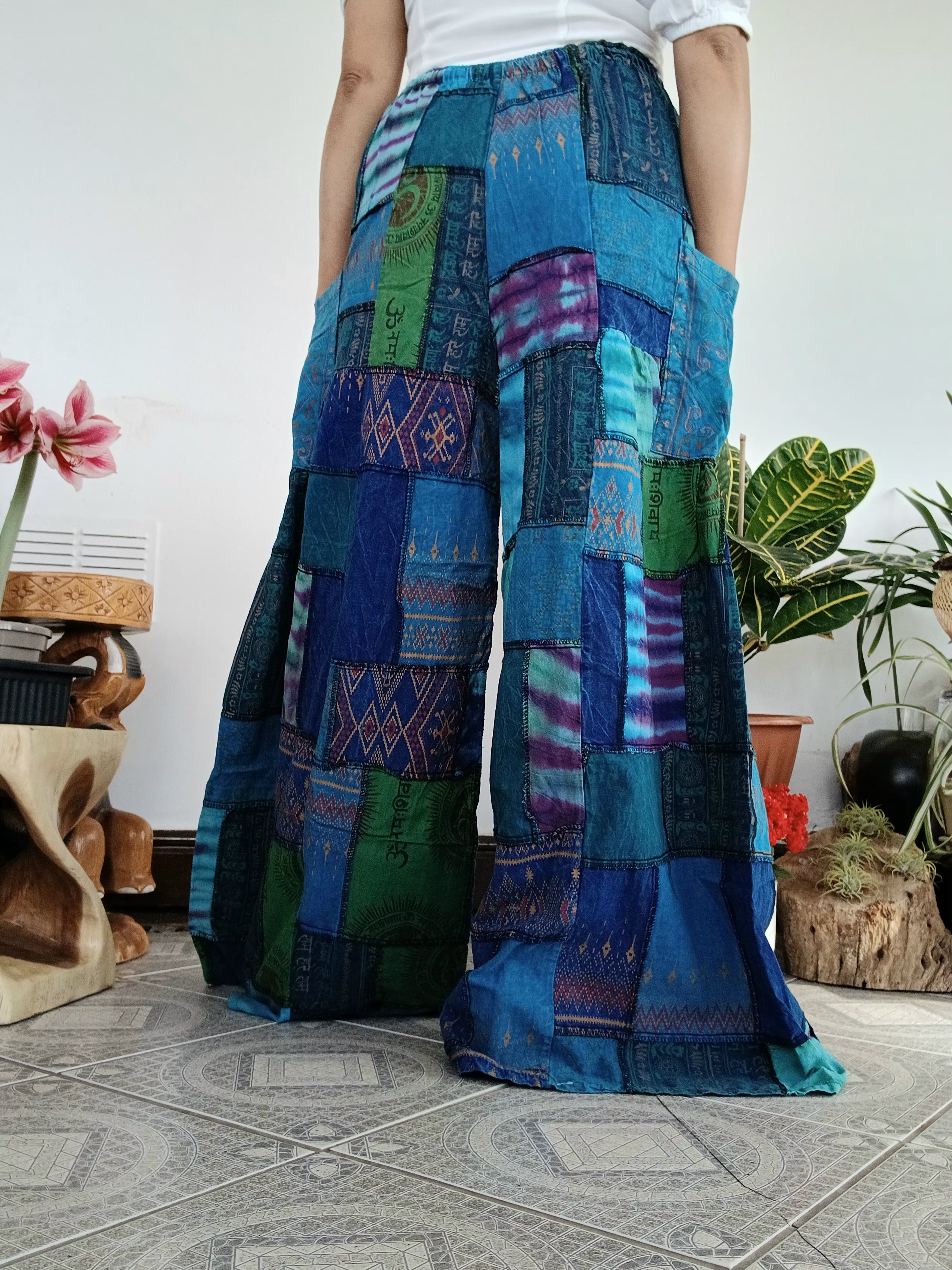 Blue Ocean tones patchwork Boho Wide-Leg hippie Harem Pants baggy Unique trousers for 8-12
