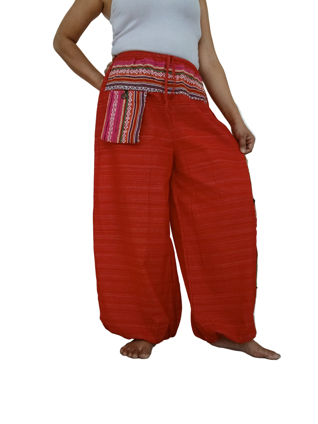 Cotton red Boho baggy hippie Harem Pants with Ethnic Pocket – Size S–L