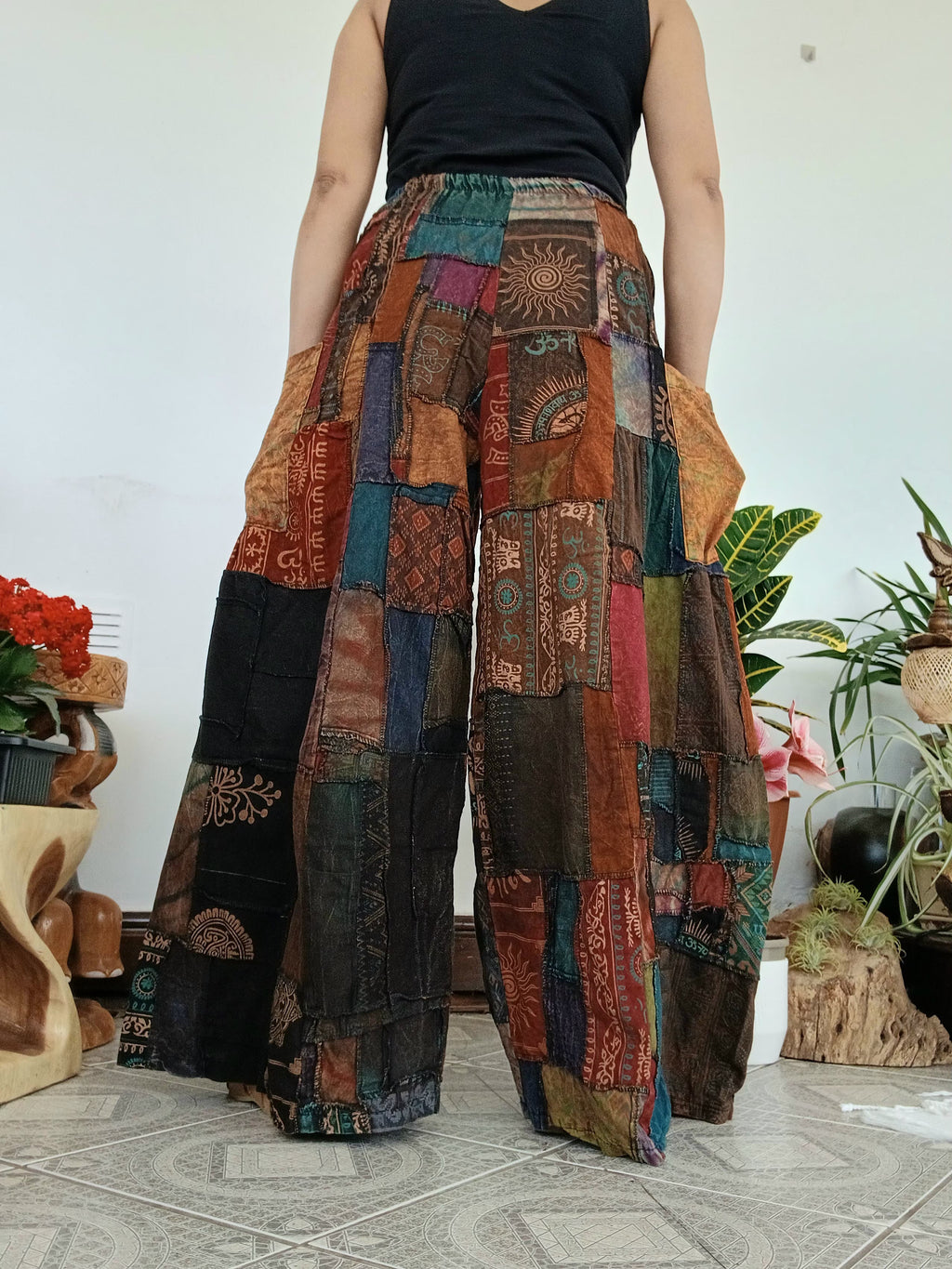 Brown tones patchwork Boho baggy harem pants wide leg palazzo flowy trousers one size fit 8-10-12