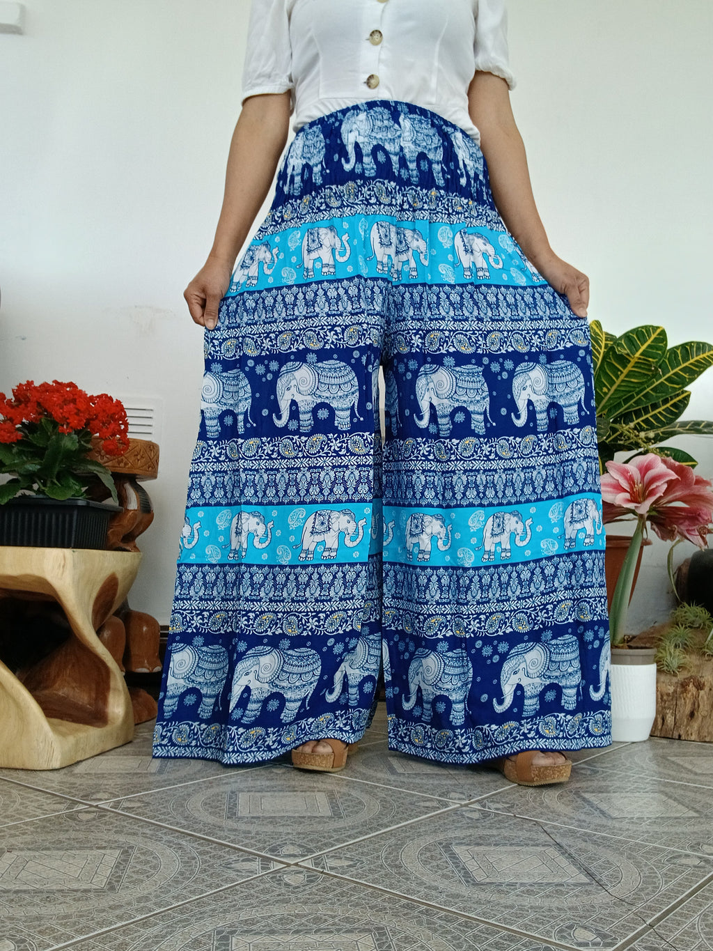 Blue navy elephant boho harem pants wide leg palazzo flowy high-waisted fit trousers