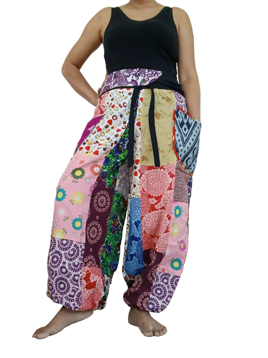 Multicoloured patchwork Boho baggy harem pants hippie baggy relaxed fit trousers one size fit 8-10-12