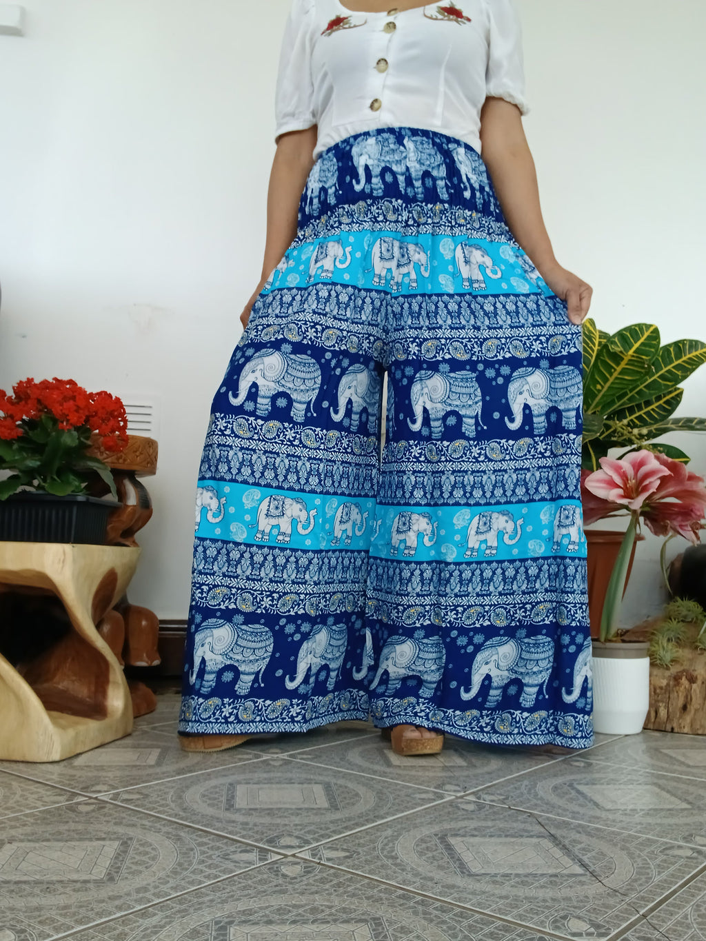 Blue navy elephant boho harem pants wide leg palazzo flowy high-waisted fit trousers
