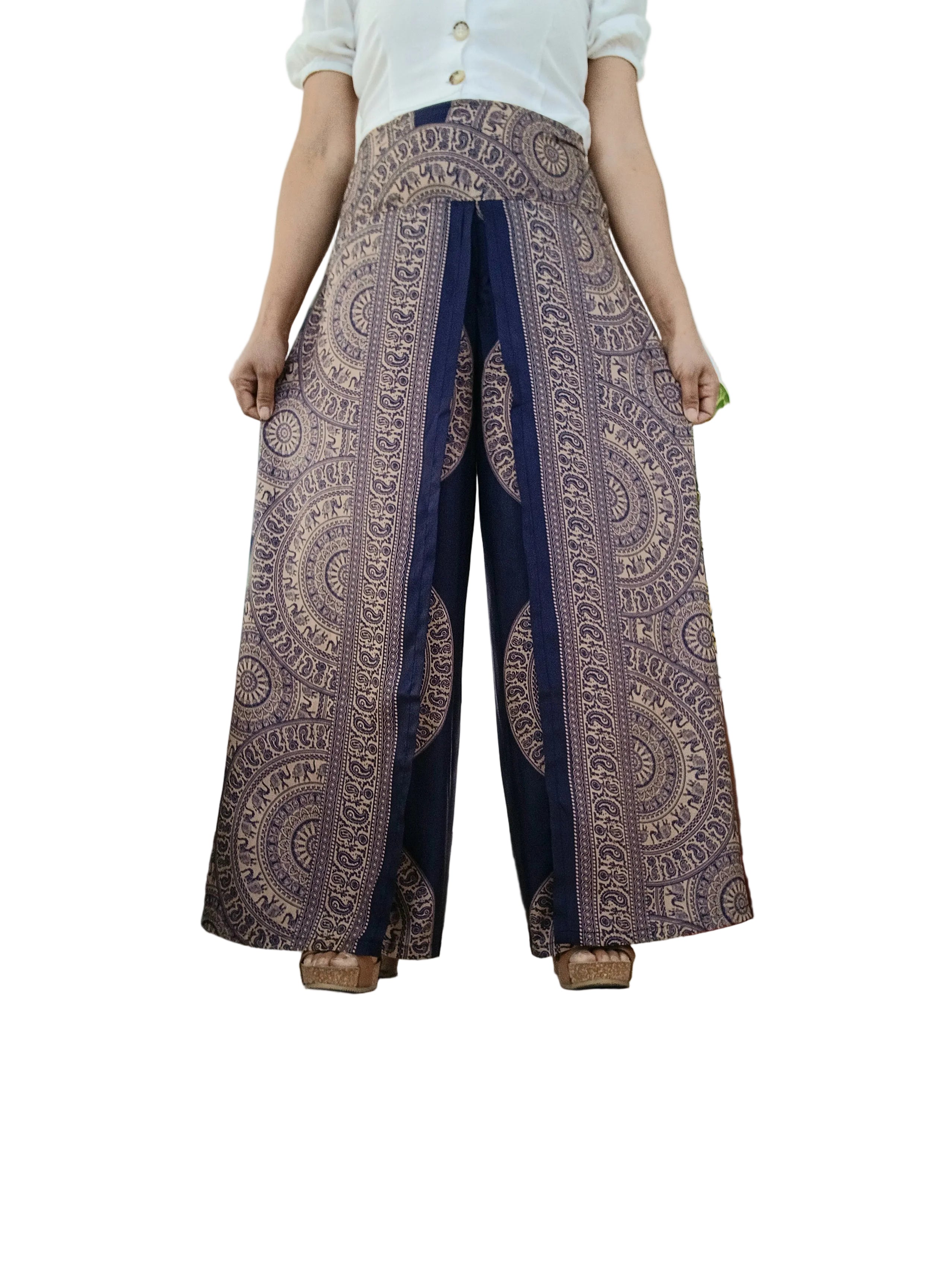 Navy beige Boho flowy elegant harem wrap-around style summer festival trousers one size fit 8-10-12