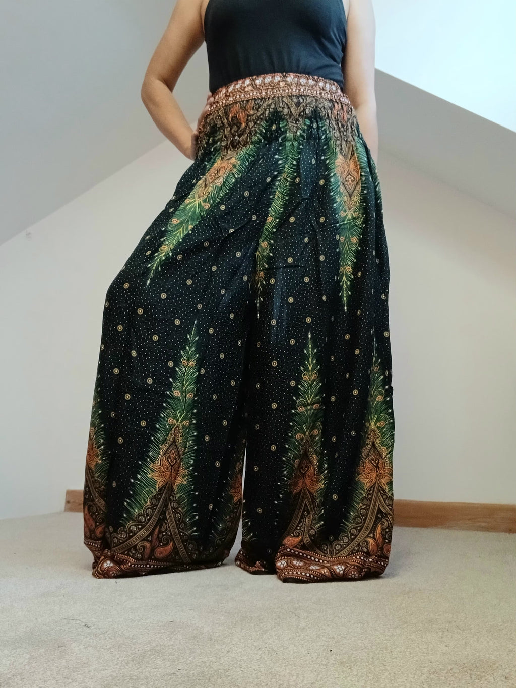 Darkgreen Boho High-Waisted trousers wide-leg elegant flowy harem pants