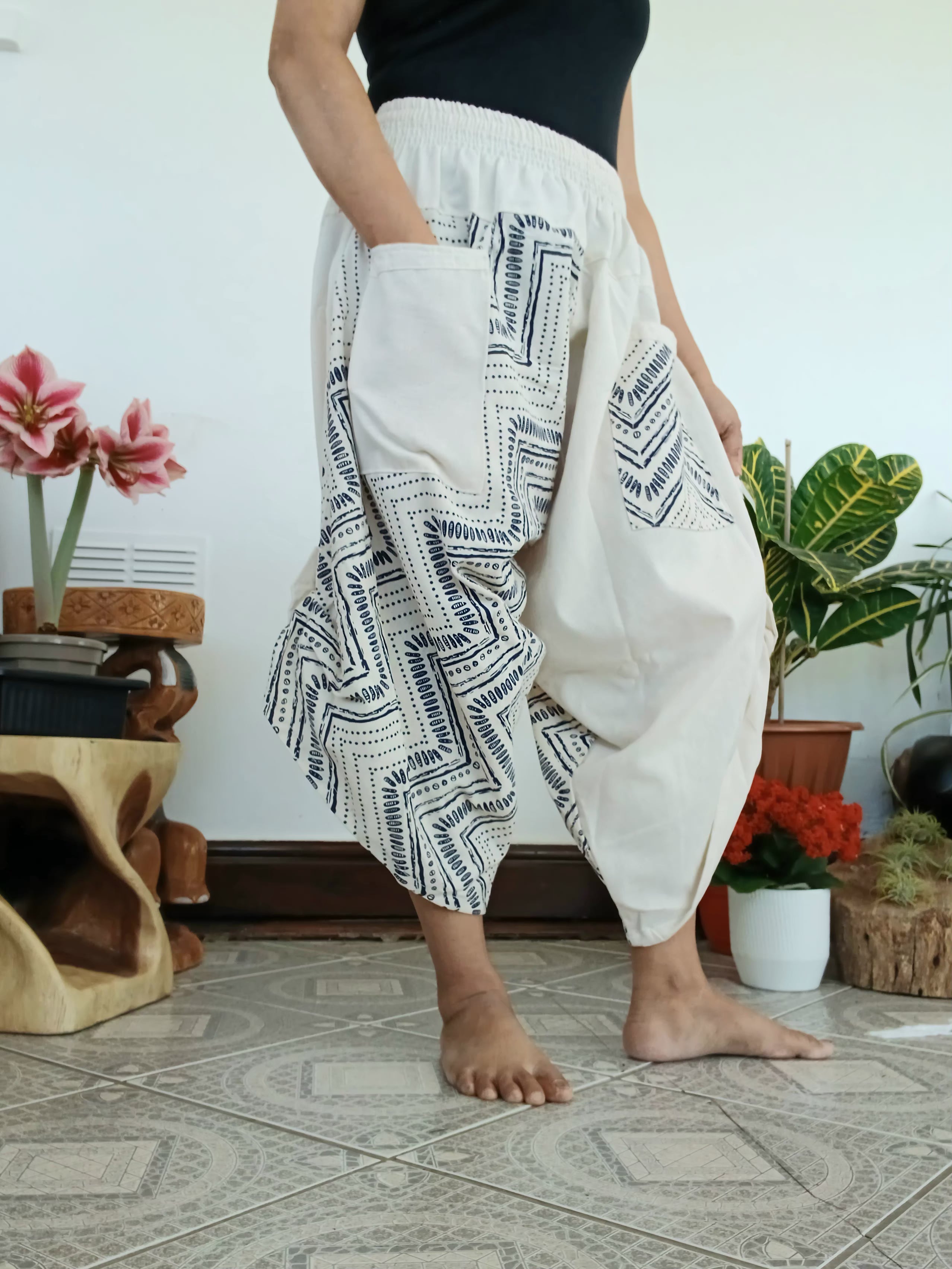 Cotton Cream baggy hippie Boho trousers Ninja Samurai Style harem pants One size fits S M L