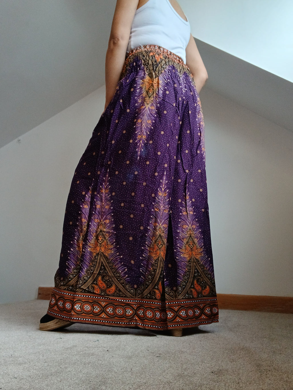 Purple bohemian feathers print wide leg elegant culottes trousers high-waisted baggy harem pants