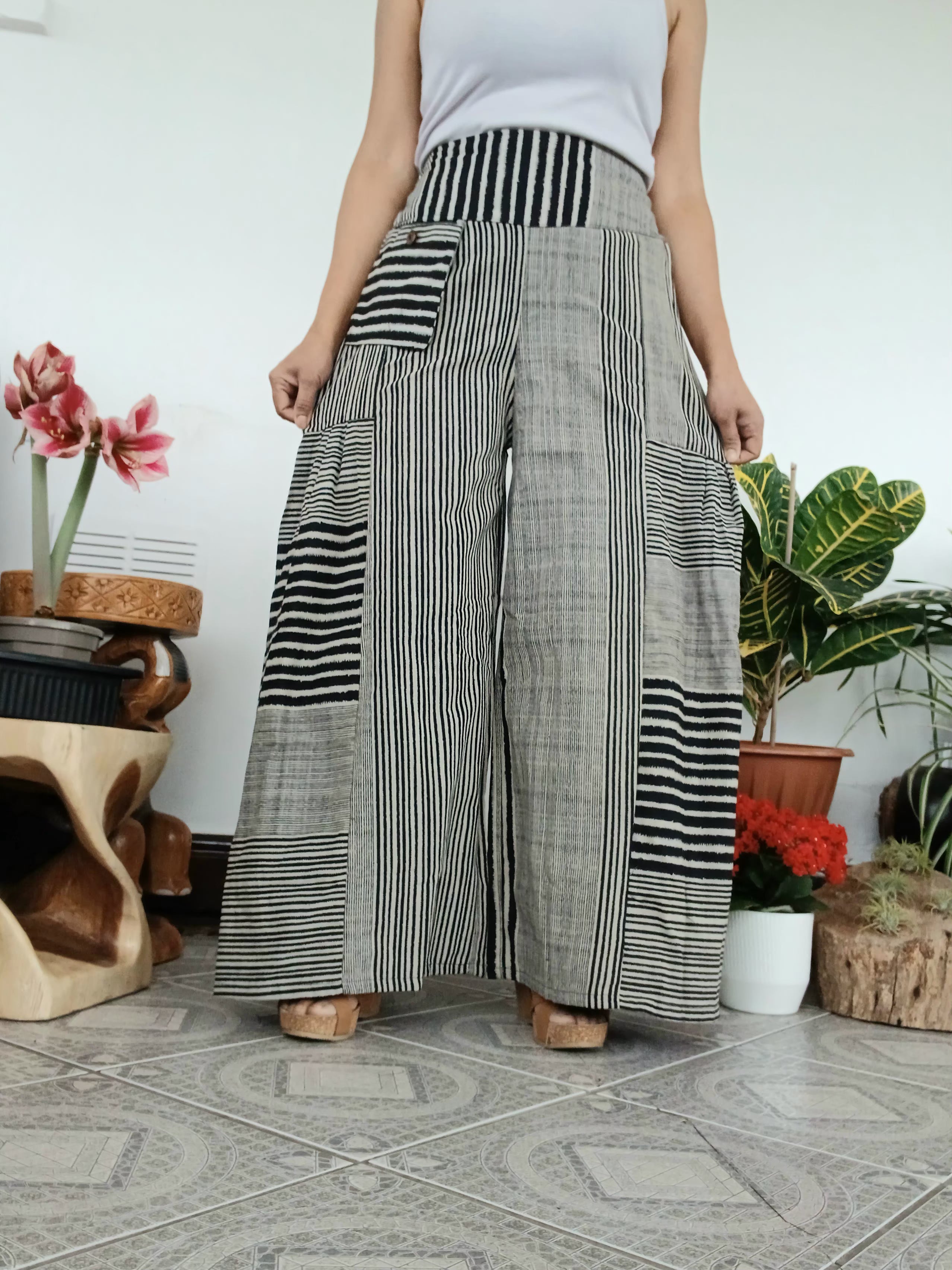 Black and white striped patchwork boho high-waisted trousers wide leg palazzo flowy harem pants One size fits 8-10-12