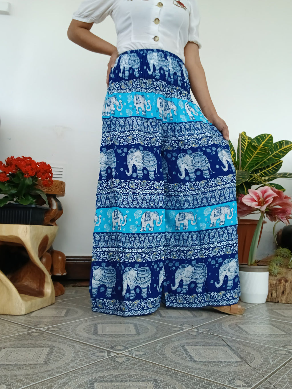 Blue navy elephant boho harem pants wide leg palazzo flowy high-waisted fit trousers