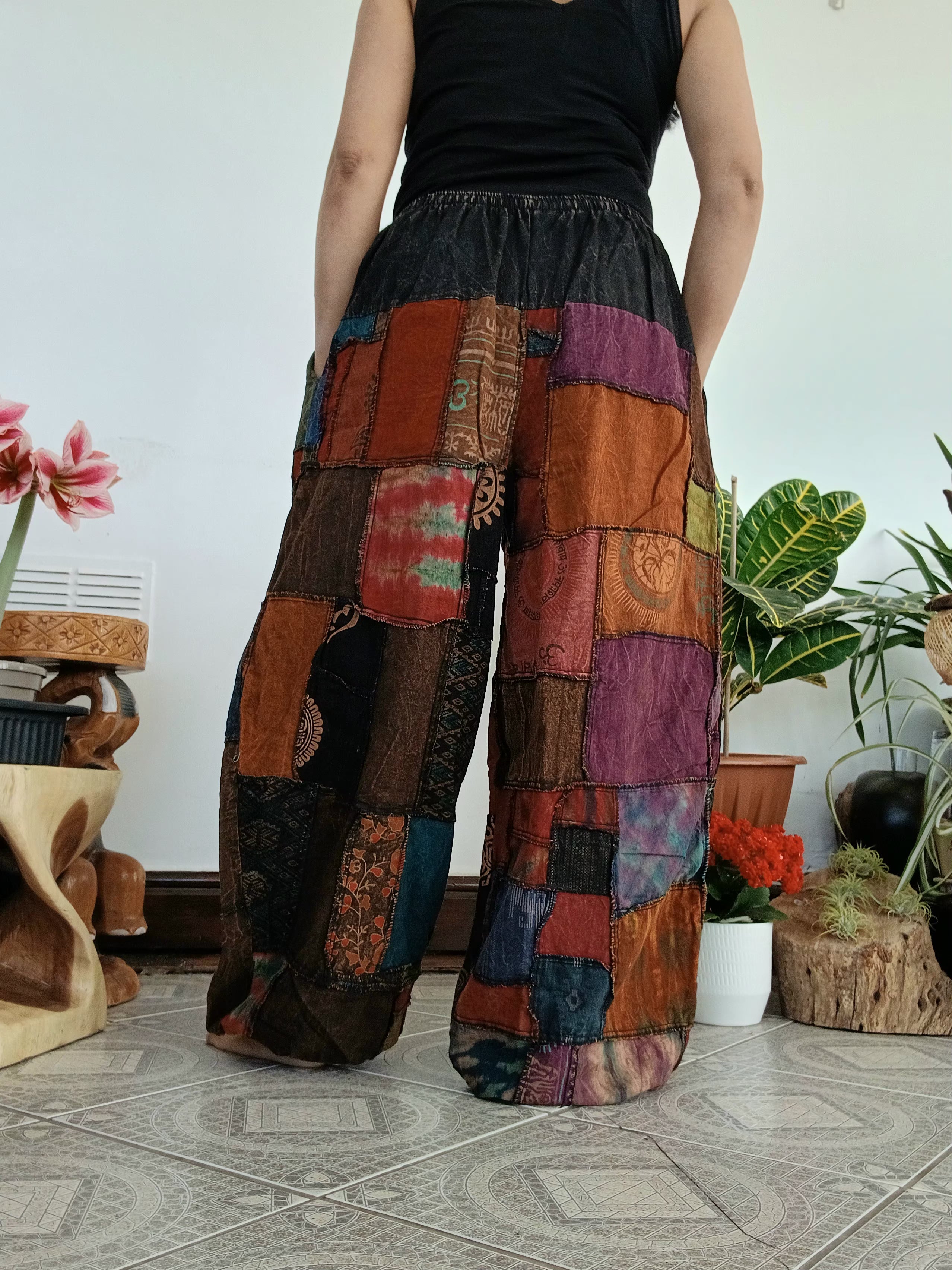 Unisex Stonewash patchwork Boho hippie Harem Trousers relaxed fit Lounge Pants One size fits 8-14