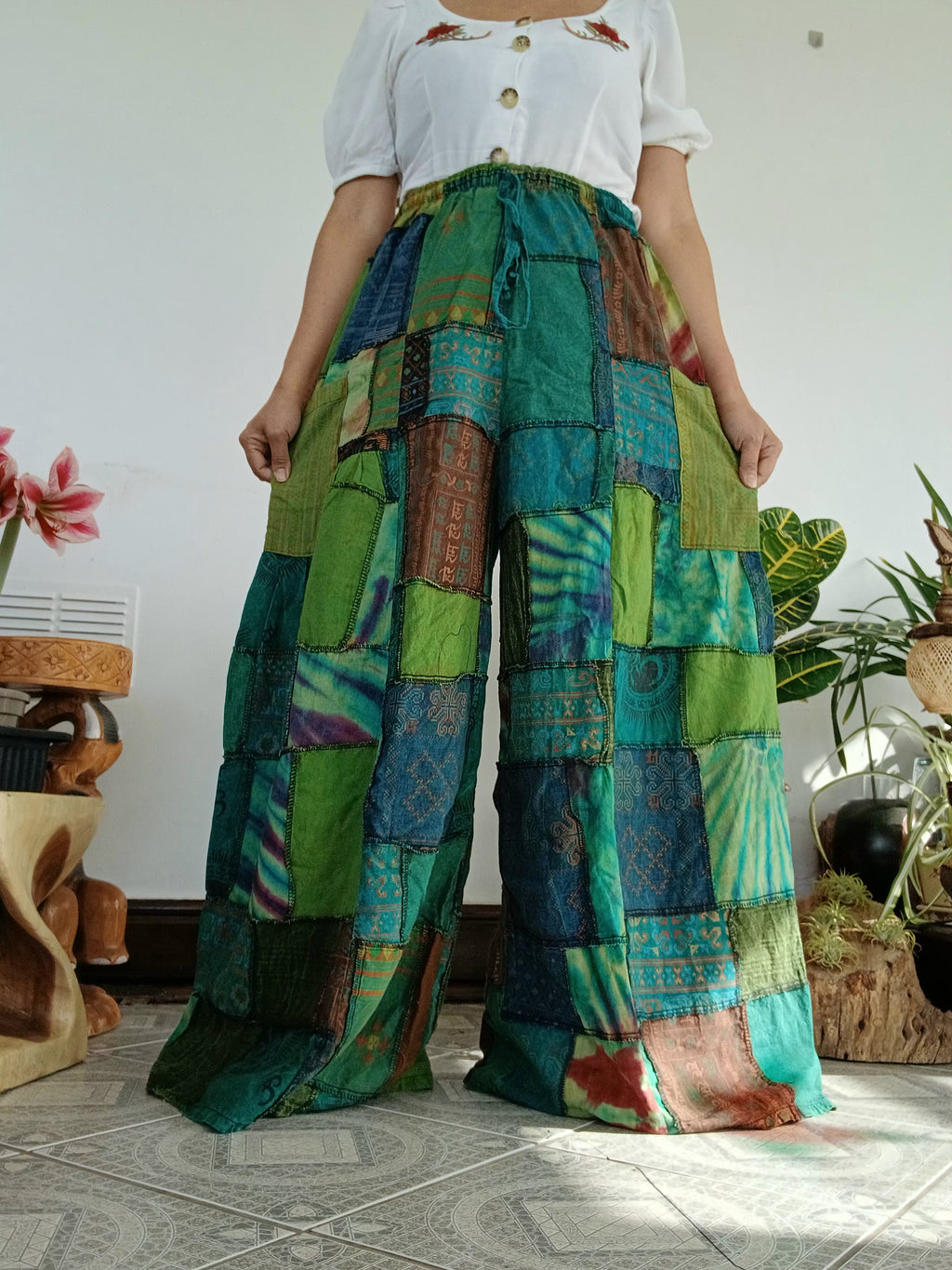 Green Earthy patchwork wide leg Boho Palazzo Harem Pants baggy hippie trousers fit 8-12