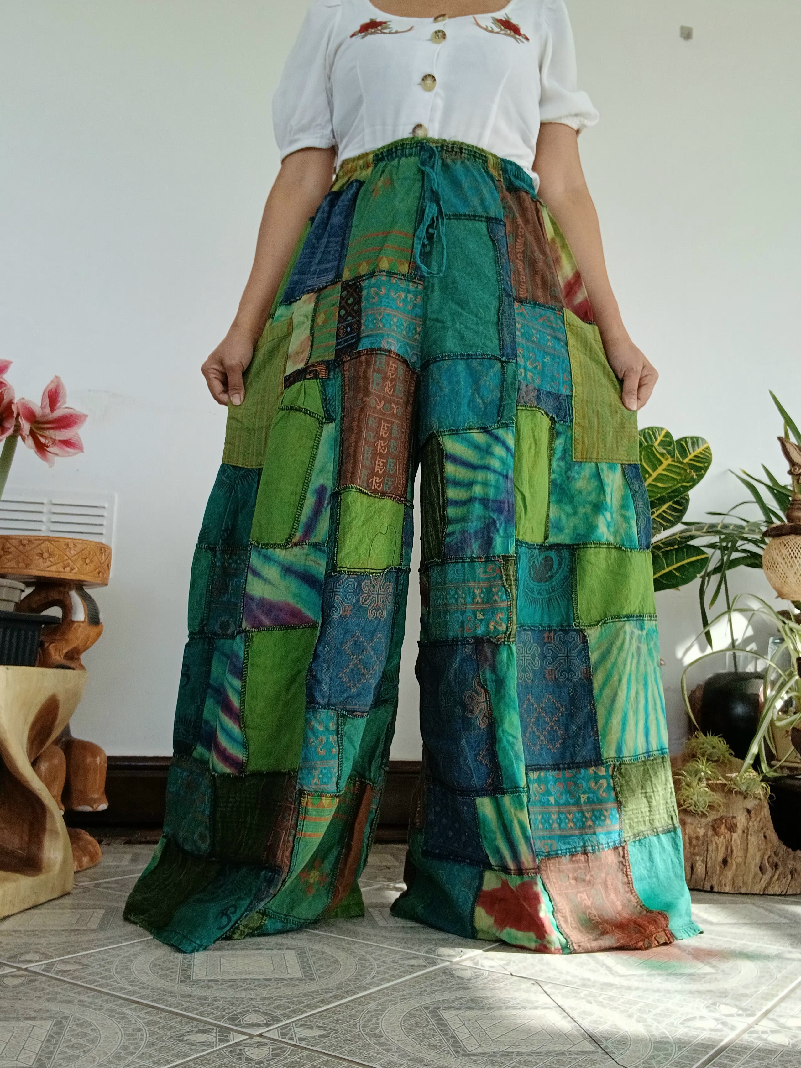 Green Earthy patchwork wide leg Boho Palazzo Harem Pants baggy hippie trousers fit 8-12