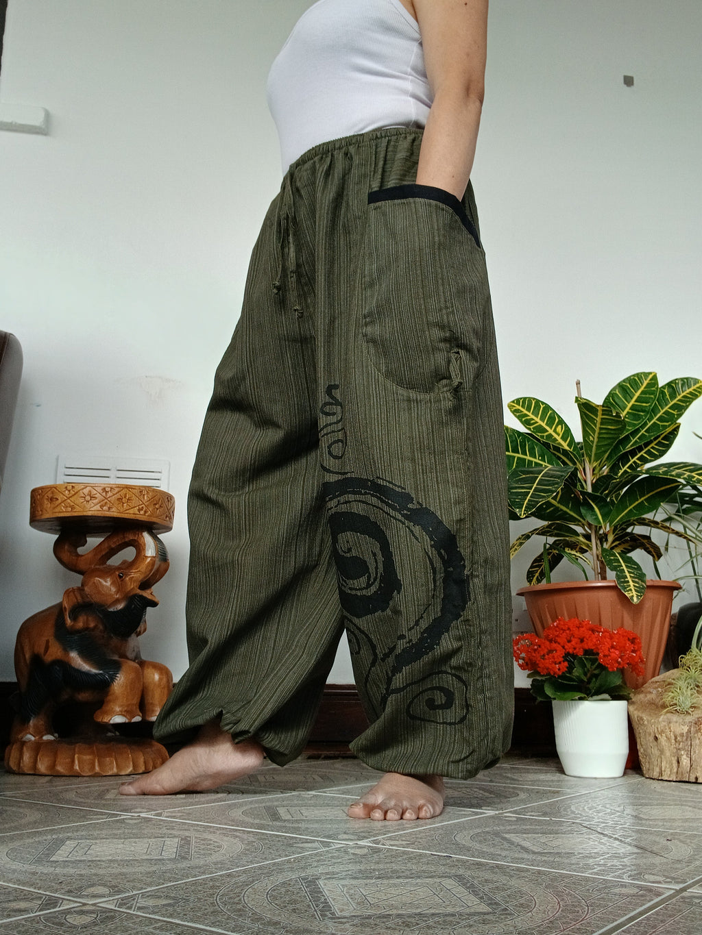 Cotton olive green Boho loose-fit harem pants baggy hippie poofy trousers joggers for unisex