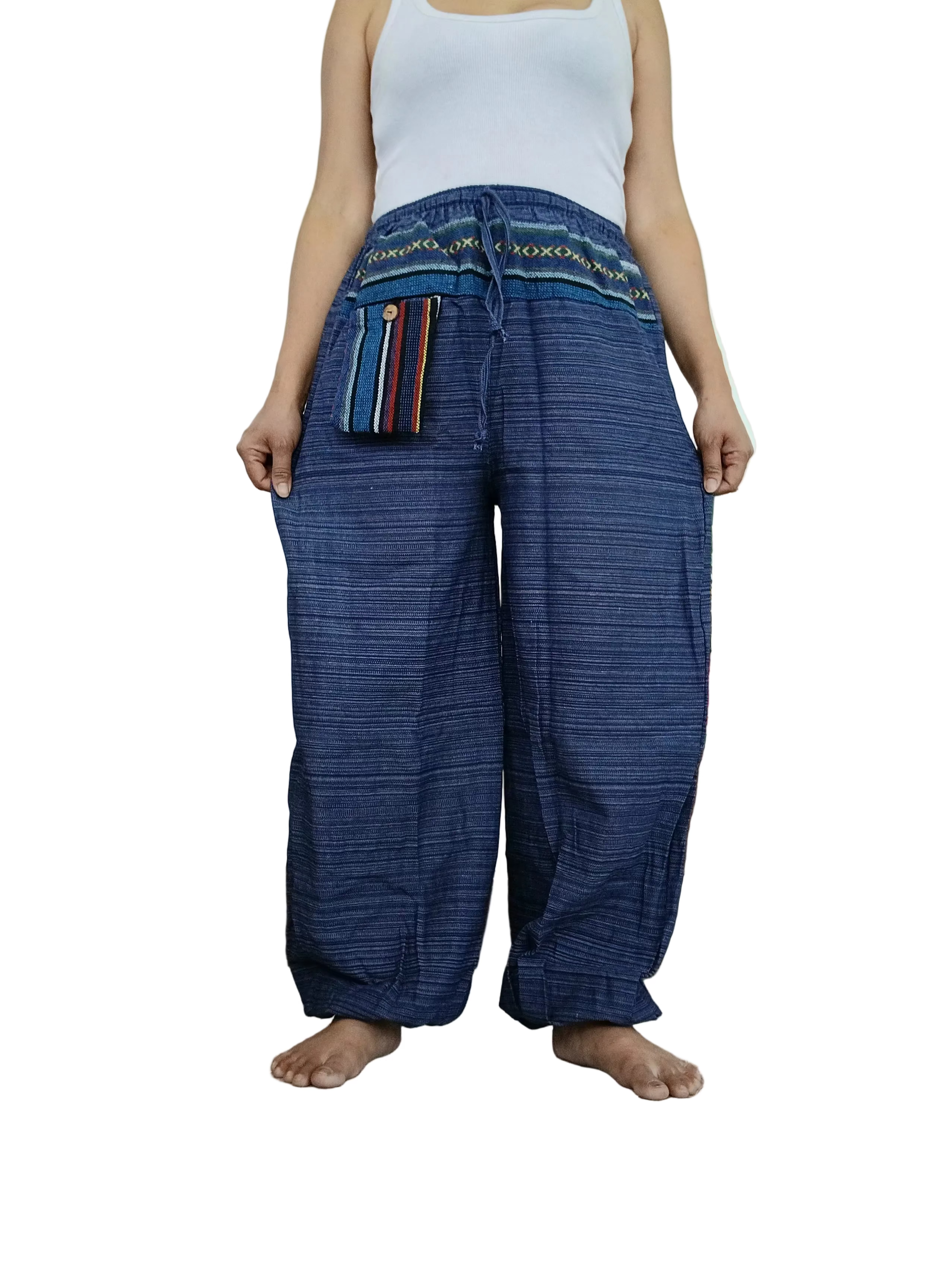 Cotton blue navy hippie Boho Harem Pants with Ethnic Pocket – Relaxed Fit trousers joggers one size fit 8-10-12