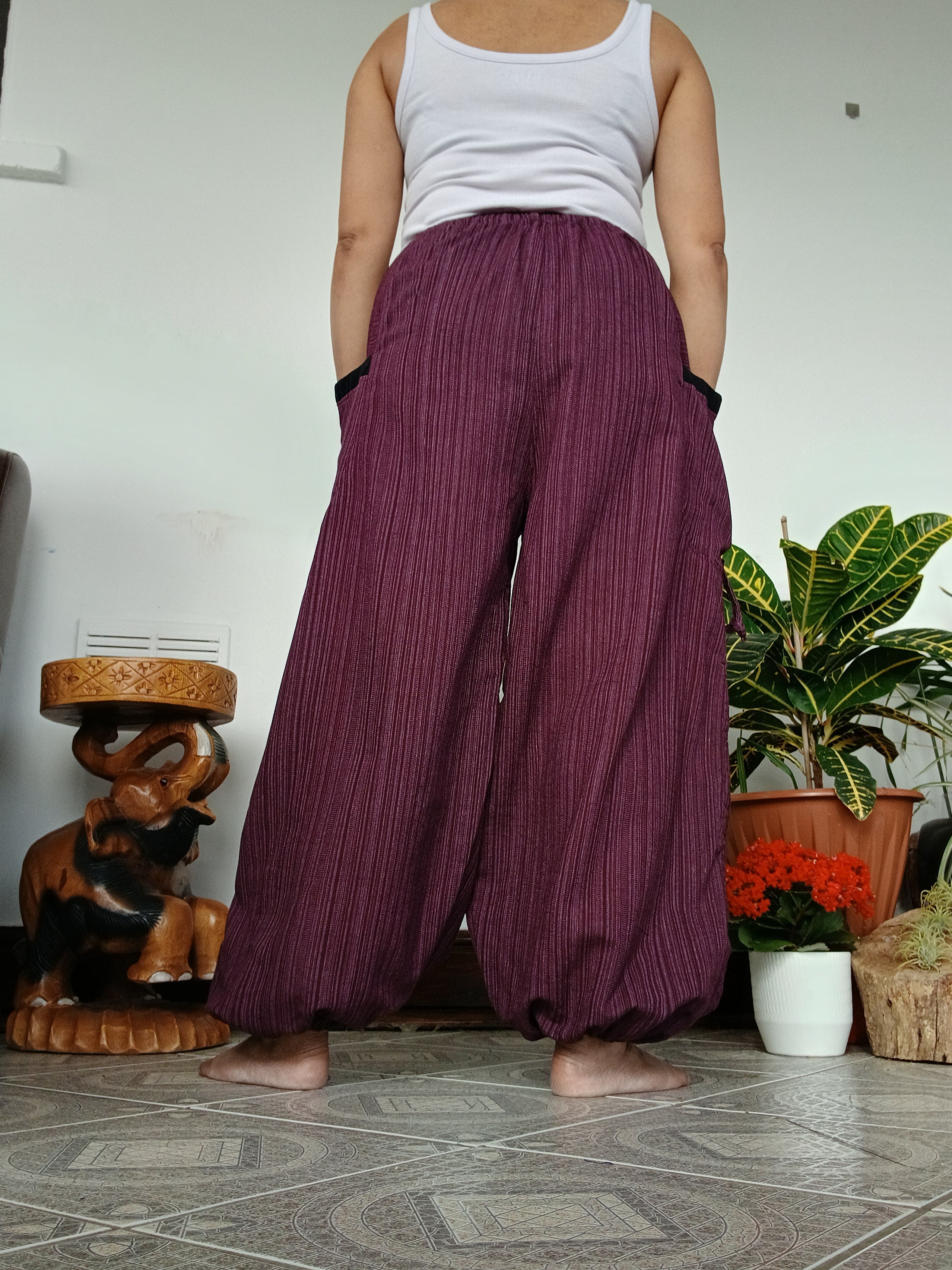 Purple cotton baggy hippie Boho poofy trousers joggers loose-fit harem pants