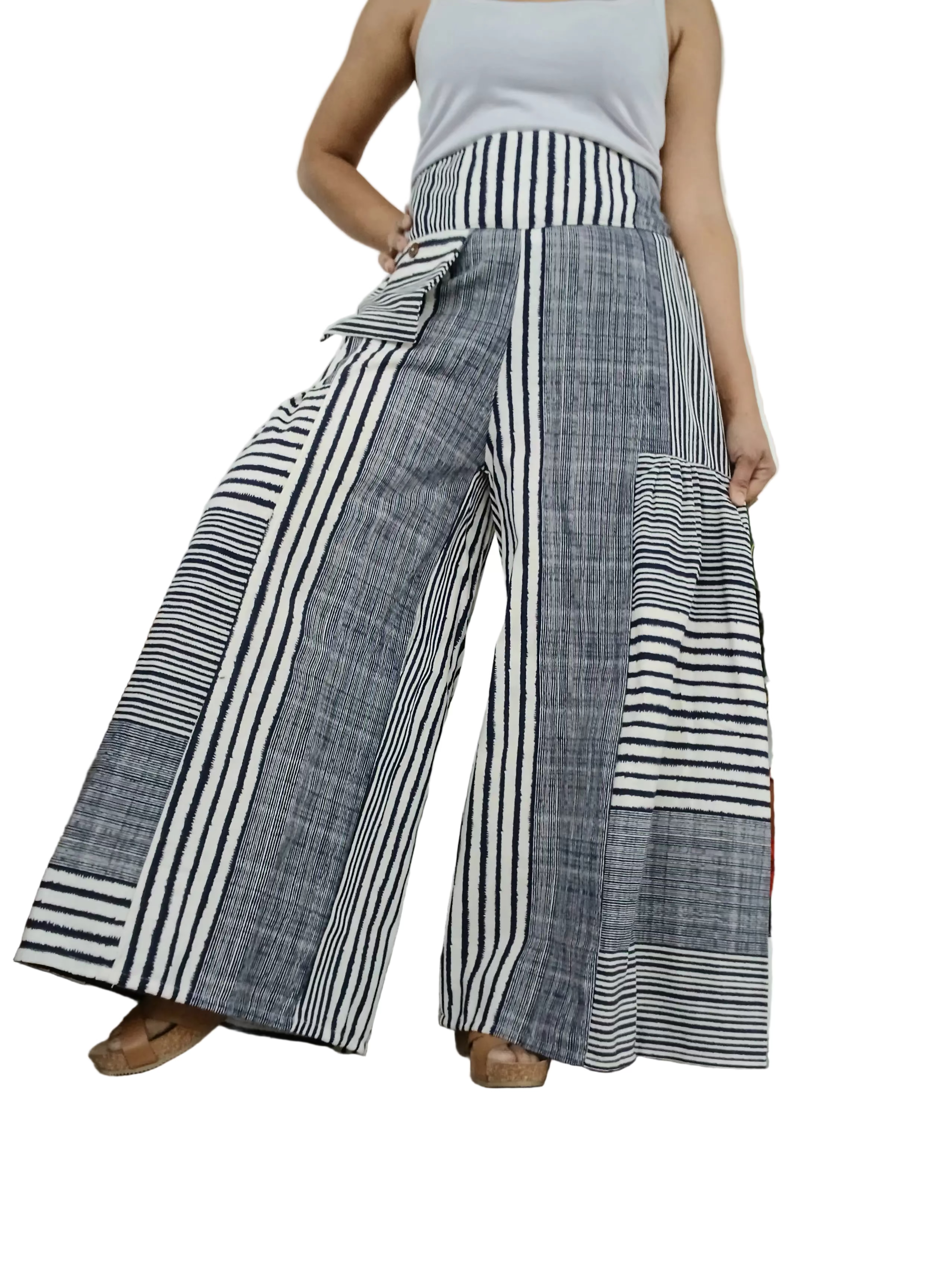 White&navy striped wide leg elegant boho trousers baggy harem pants one-size fit 8-10-12
