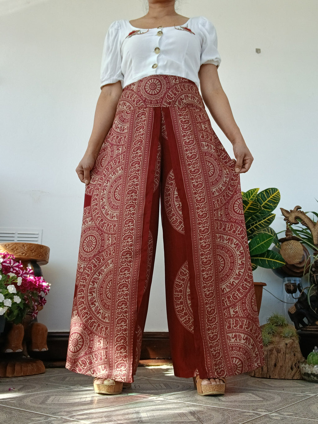 Red burgundy bohemian elegant flowy harem pants beautiful festival holiday trousers one size fit 8-10-12