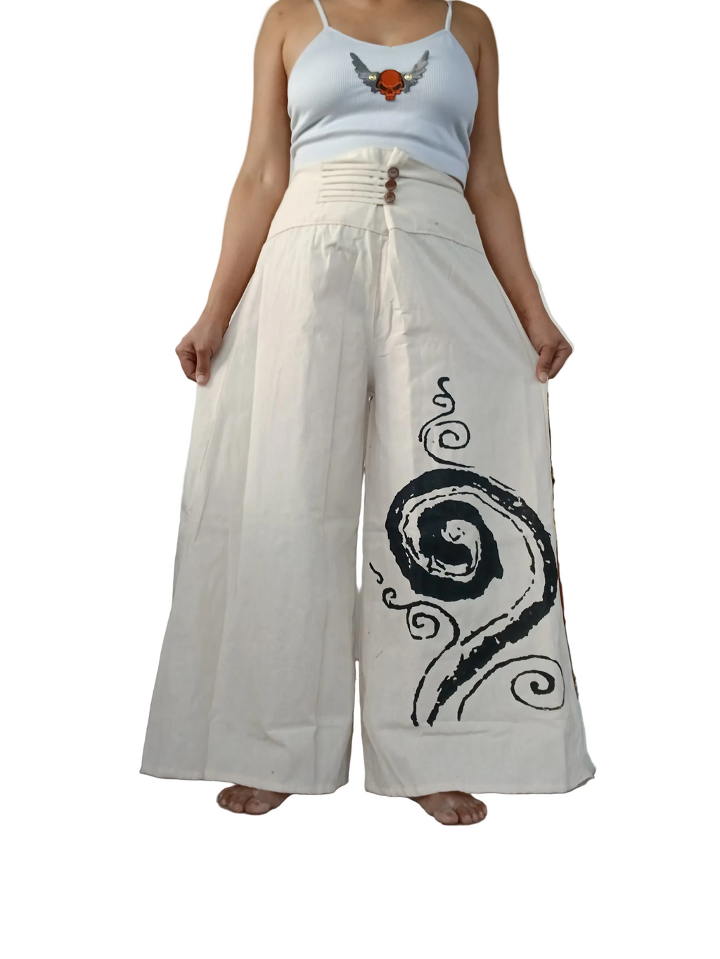 Cotton Cream with spiral print Boho wide-leg elegant culottes palazzo pants One size fits 8-10-12