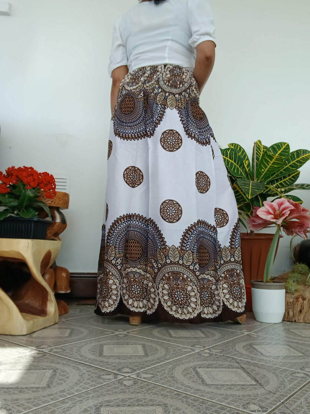 White and brown Boho baggy harem pants wide leg palazzo flowy high-waisted trousers one size fit 8-10-12-14