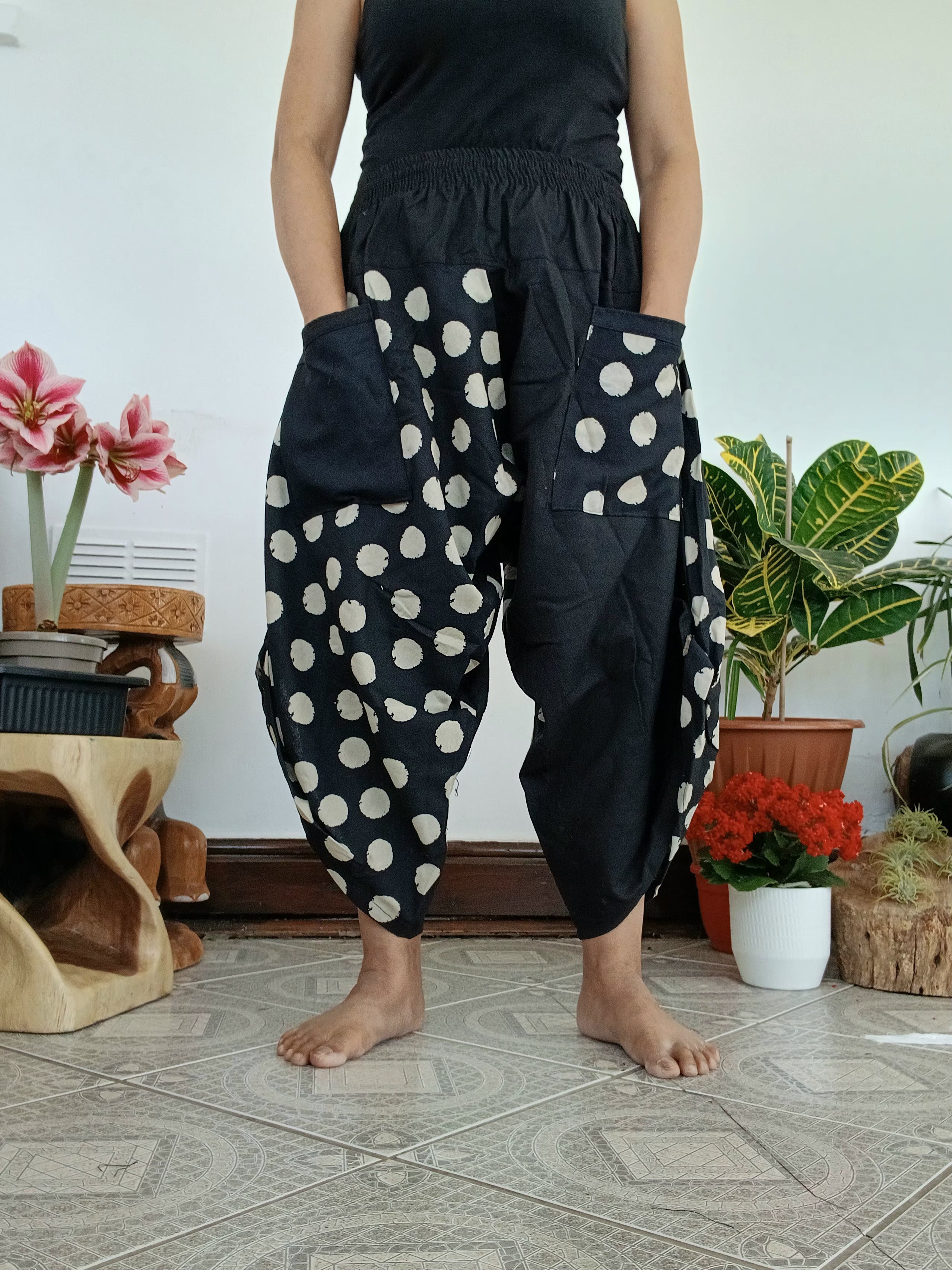 Cotton black with polka dot Ninja Samurai Style harem pants relaxed fit casual trousers one size fit 6-8-10