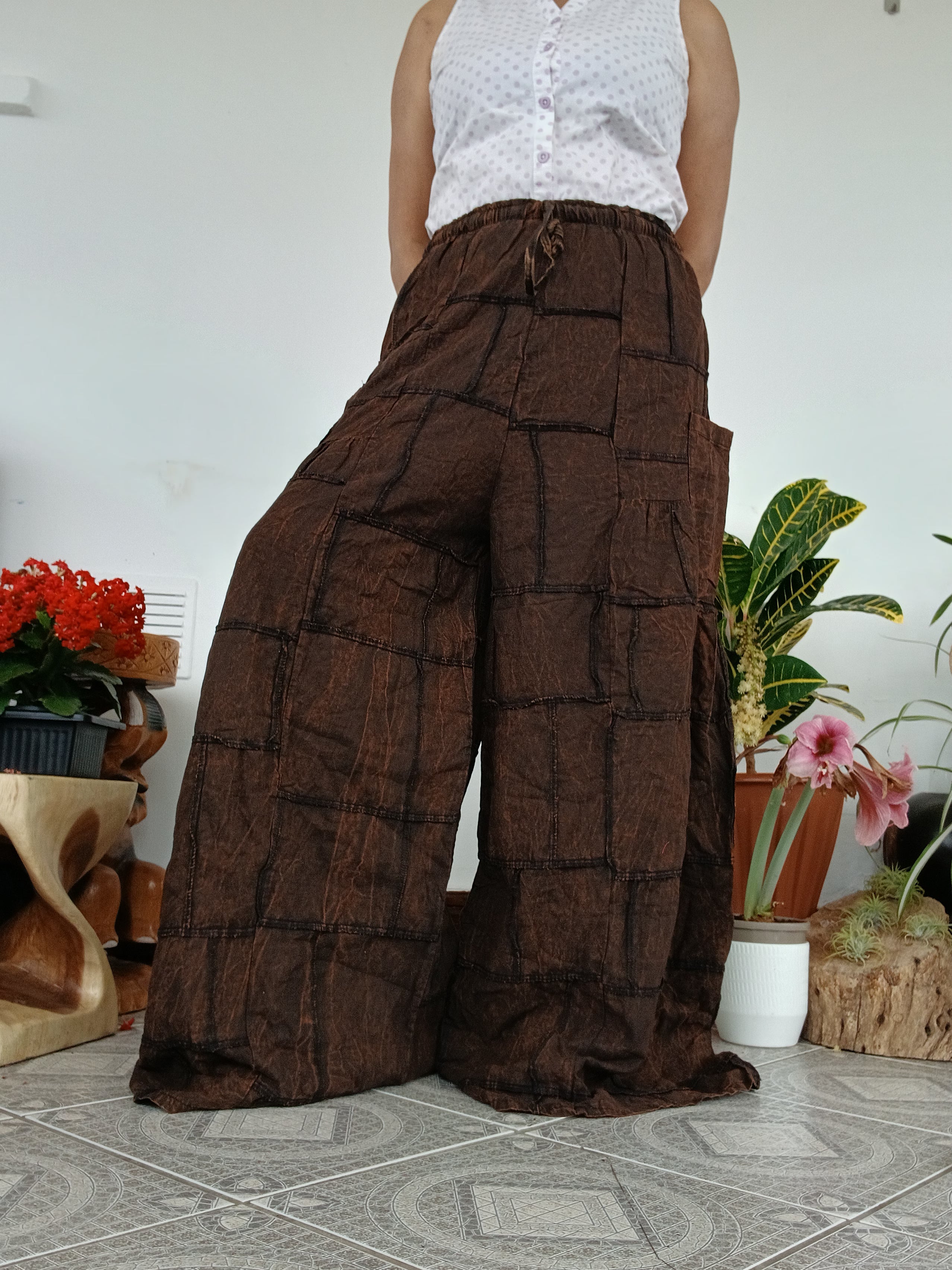 Plain Brown patchwork boho harem pants hippie baggy relaxed fit trousers one size fit 8-10-12