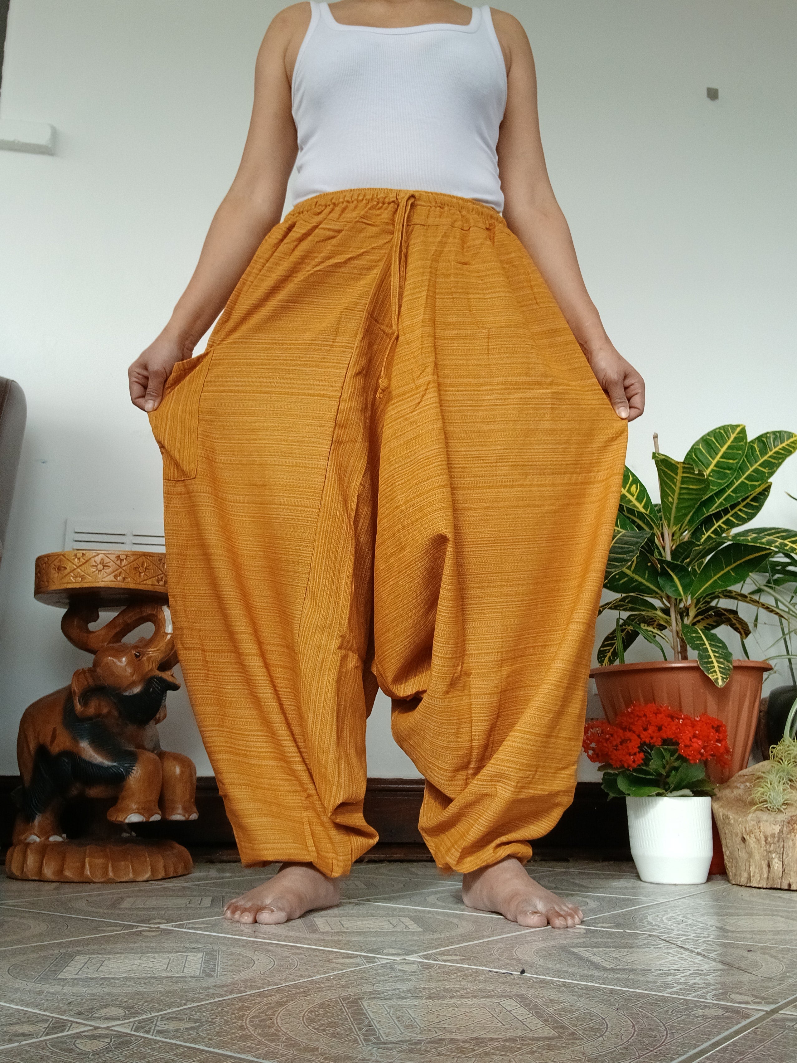 Cotton yellow Boho hippie Harem pants baggy relaxed fit yoga meditation festivals trousers for unisex